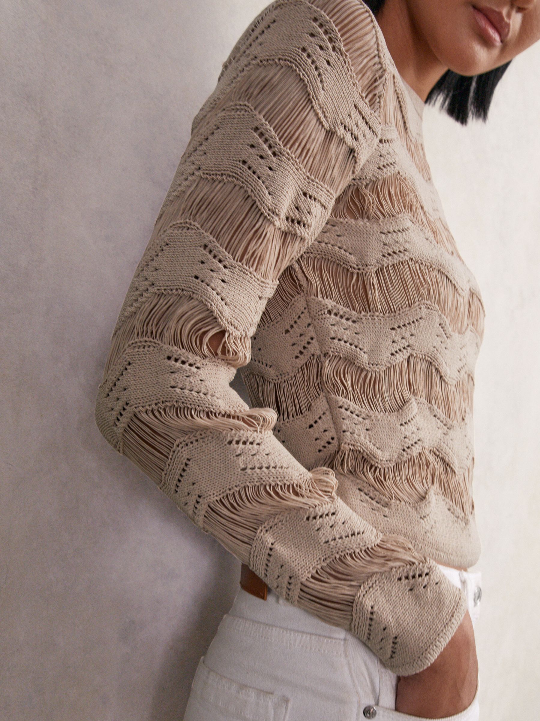 Reiss Cotton Blend Ladder Knit Top in Taupe Neutral | REISS