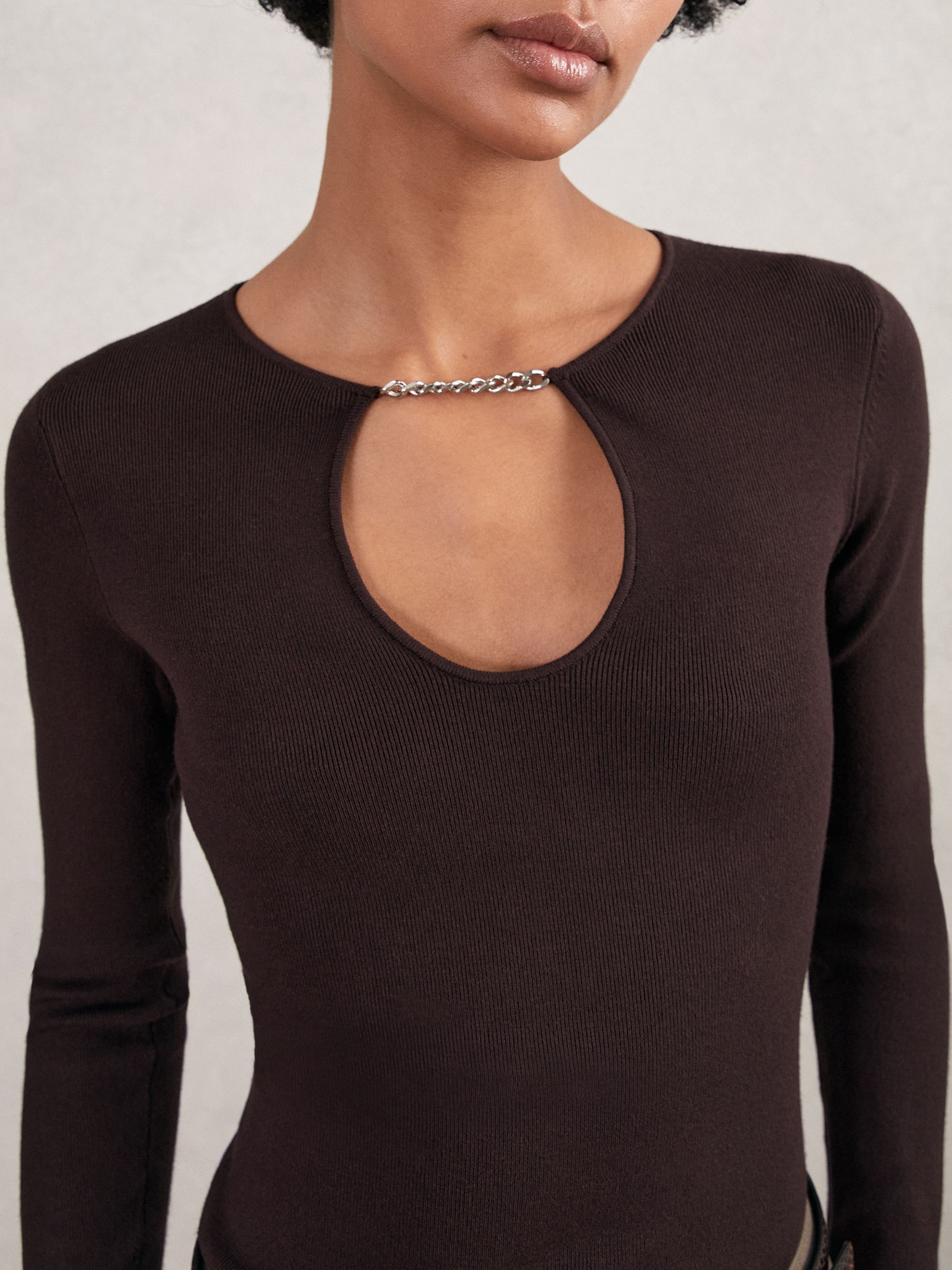 Chain-Detail Keyhole Knit Top in Plum - Image 3 of 5