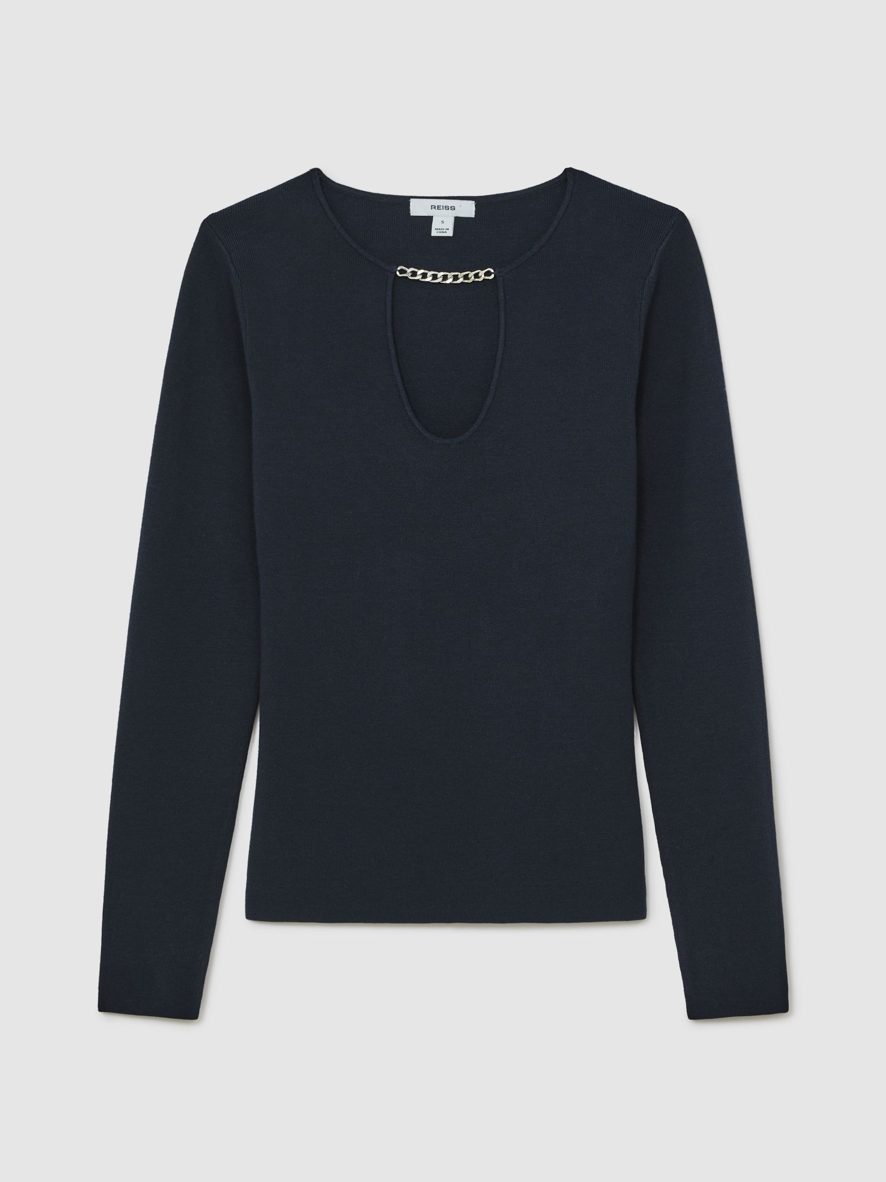 Chain-Detail Keyhole Knit Top in Navy - Image 2 of 6