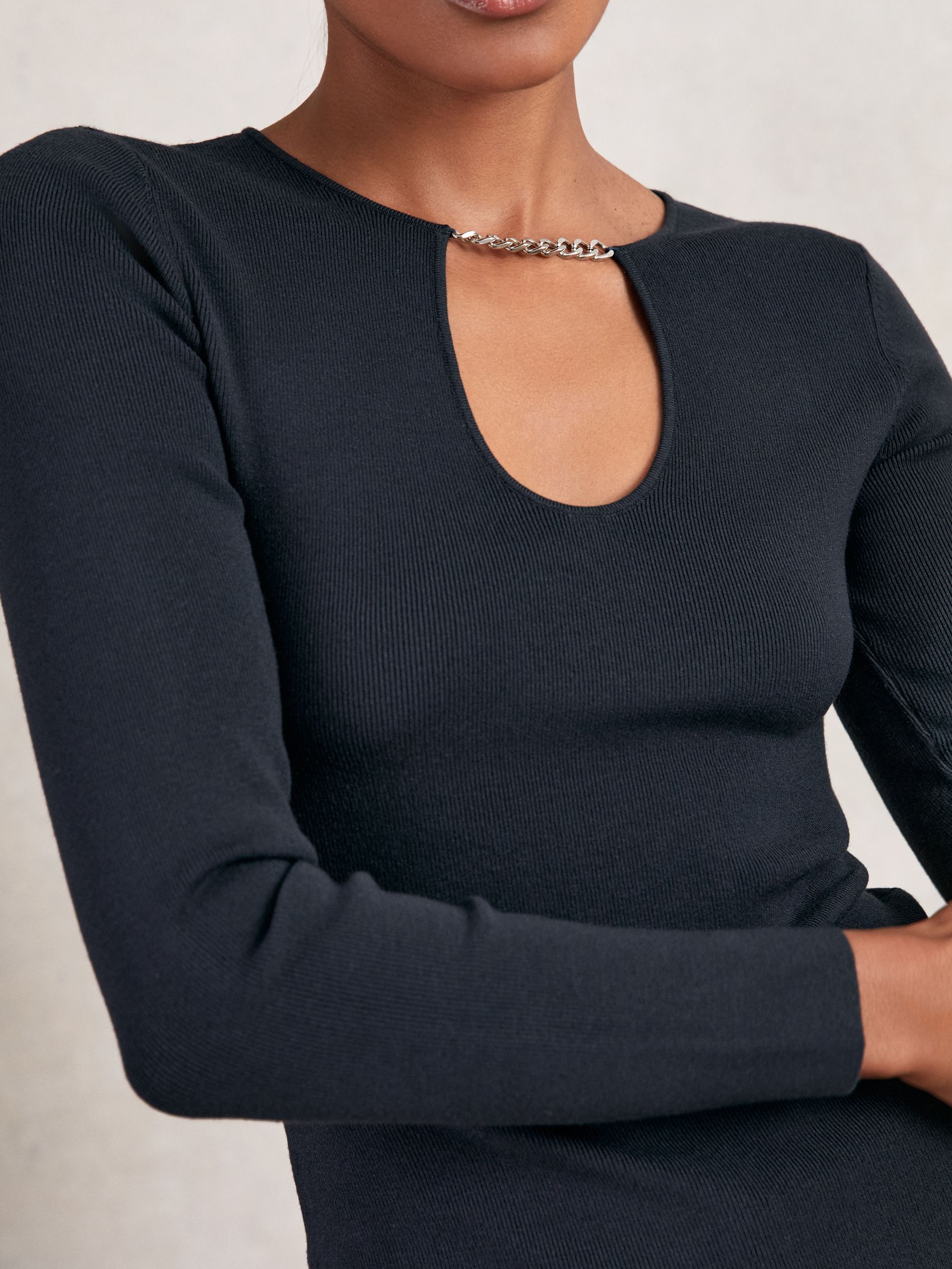 Chain-Detail Keyhole Knit Top in Navy - Image 4 of 6