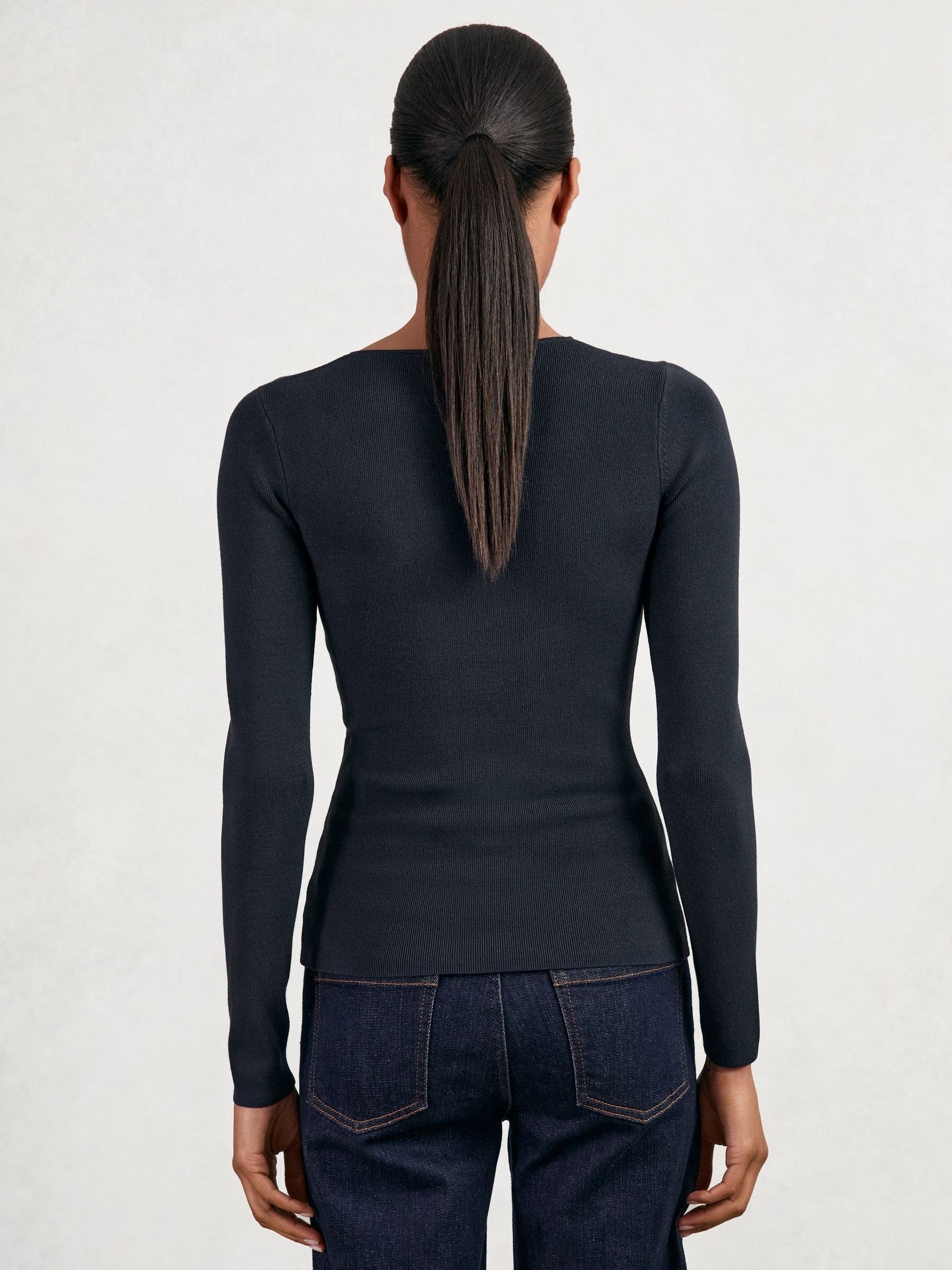 Chain-Detail Keyhole Knit Top in Navy - Image 5 of 6