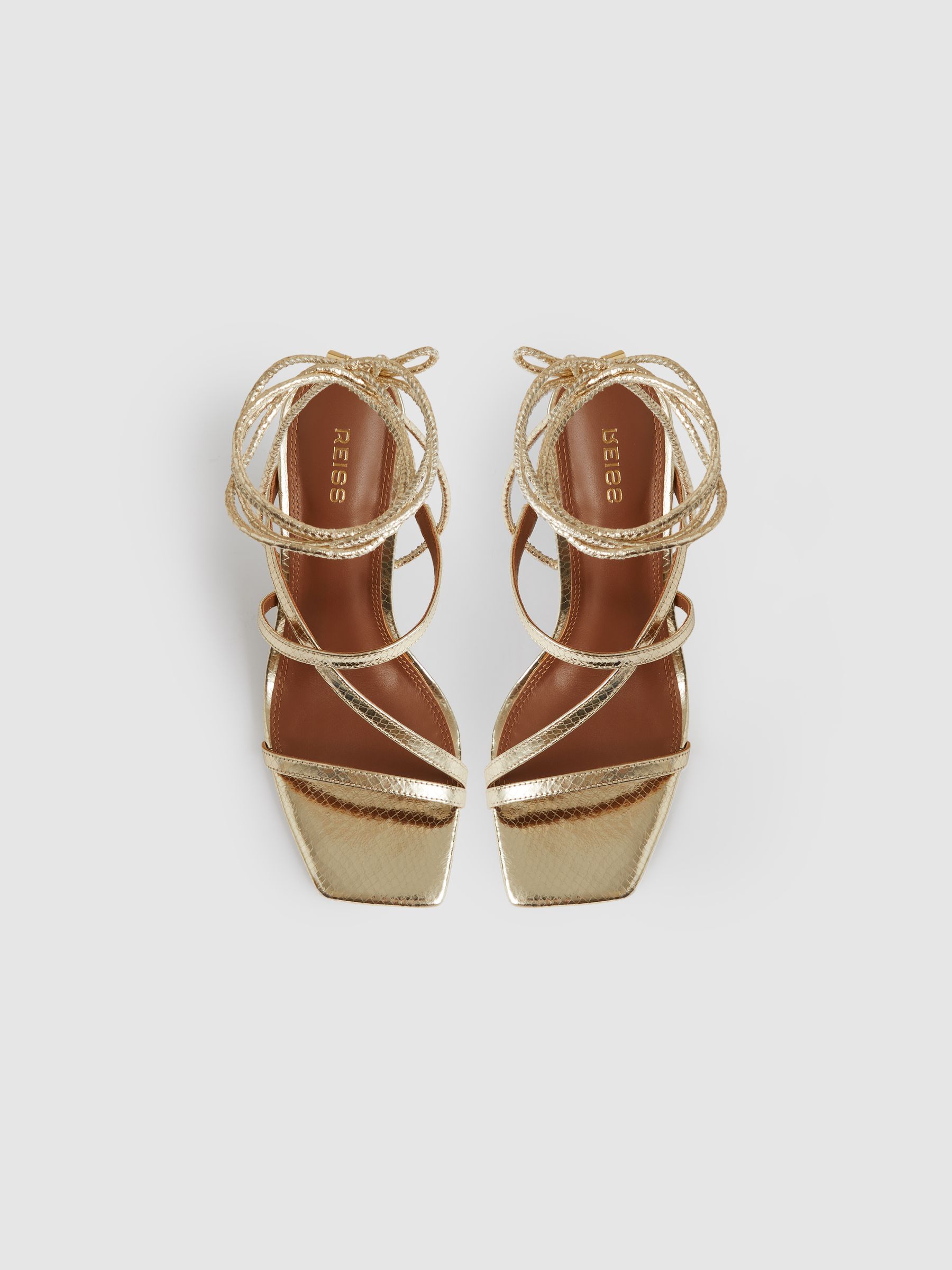 Leather Metallic Strappy Heeled Sandals in Gold - image 4