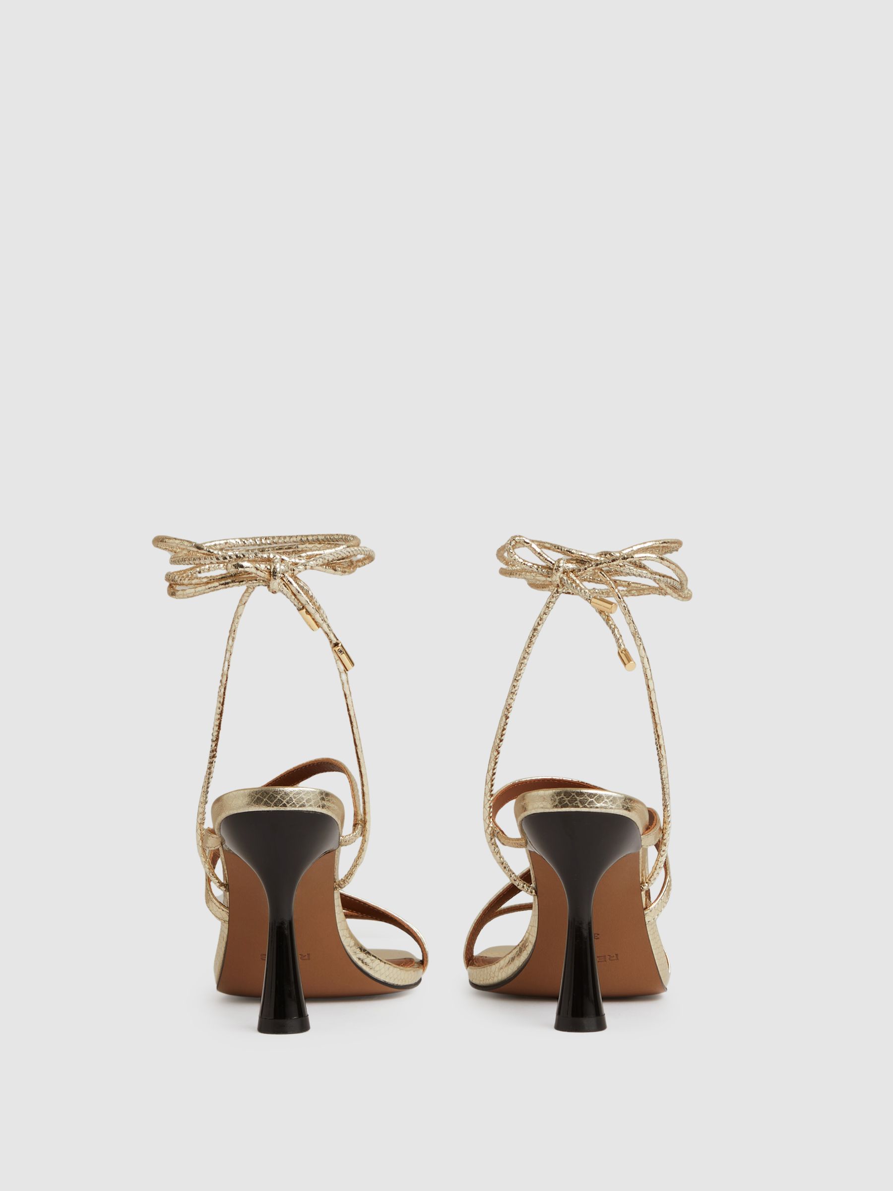 Leather Metallic Strappy Heeled Sandals in Gold - image 3