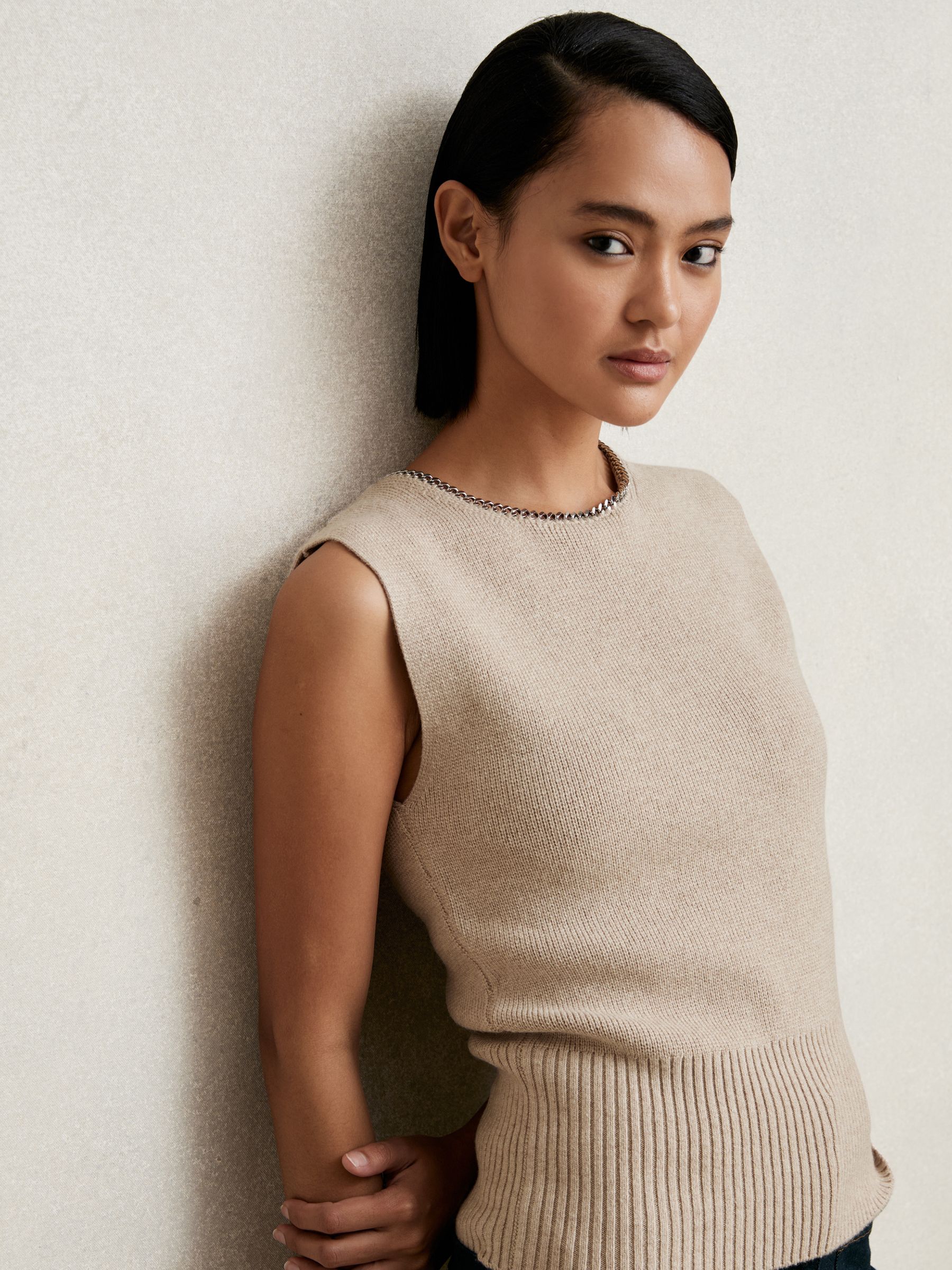 Wool-Blend Necklace-Trim Knitted Vest in Neutral - Image 1 of 6 Wool-Blend Necklace-Trim Knitted Vest in Neutral - Image 1 of 6