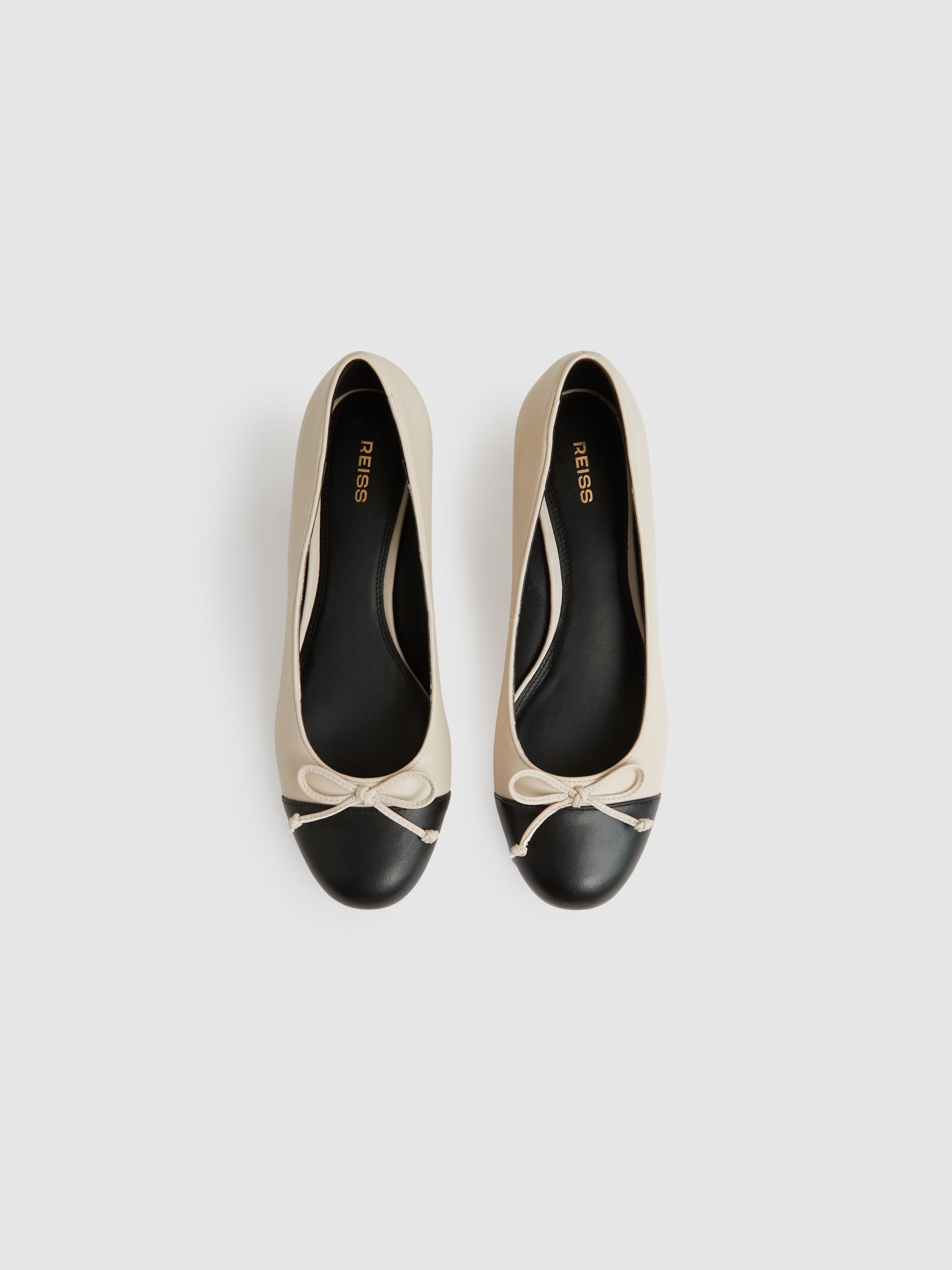 Leather Block Heel Ballerina Shoes in White/Black - Image 3 of 6