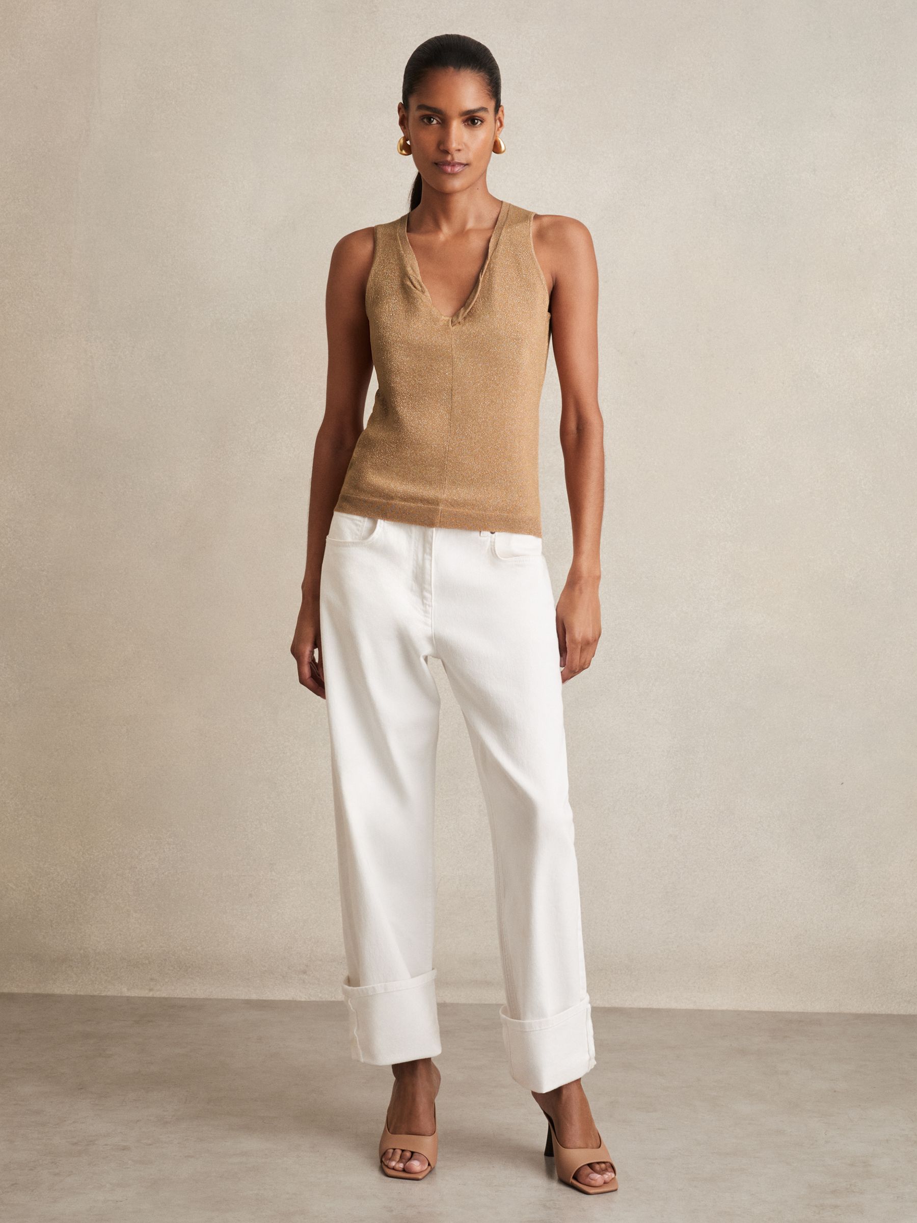 Metallic-Knit Twist-Neckline Vest in Gold - Image 3 of 6