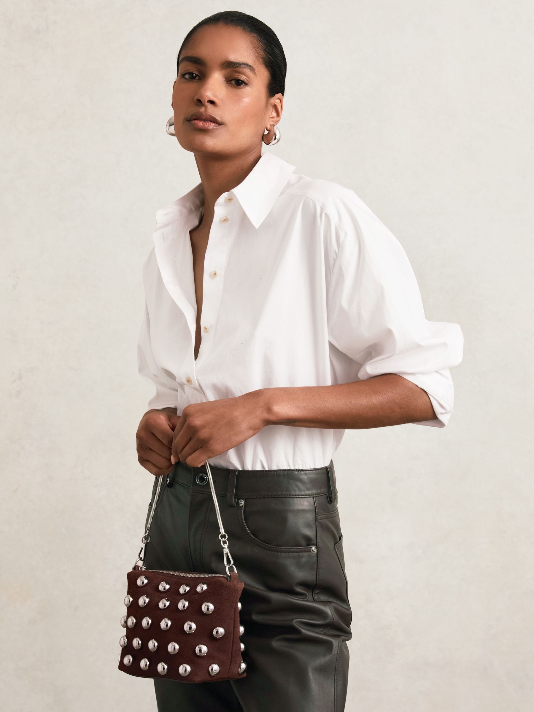Suede Studded Shoulder Bag in Oxblood - Image 2 of 6