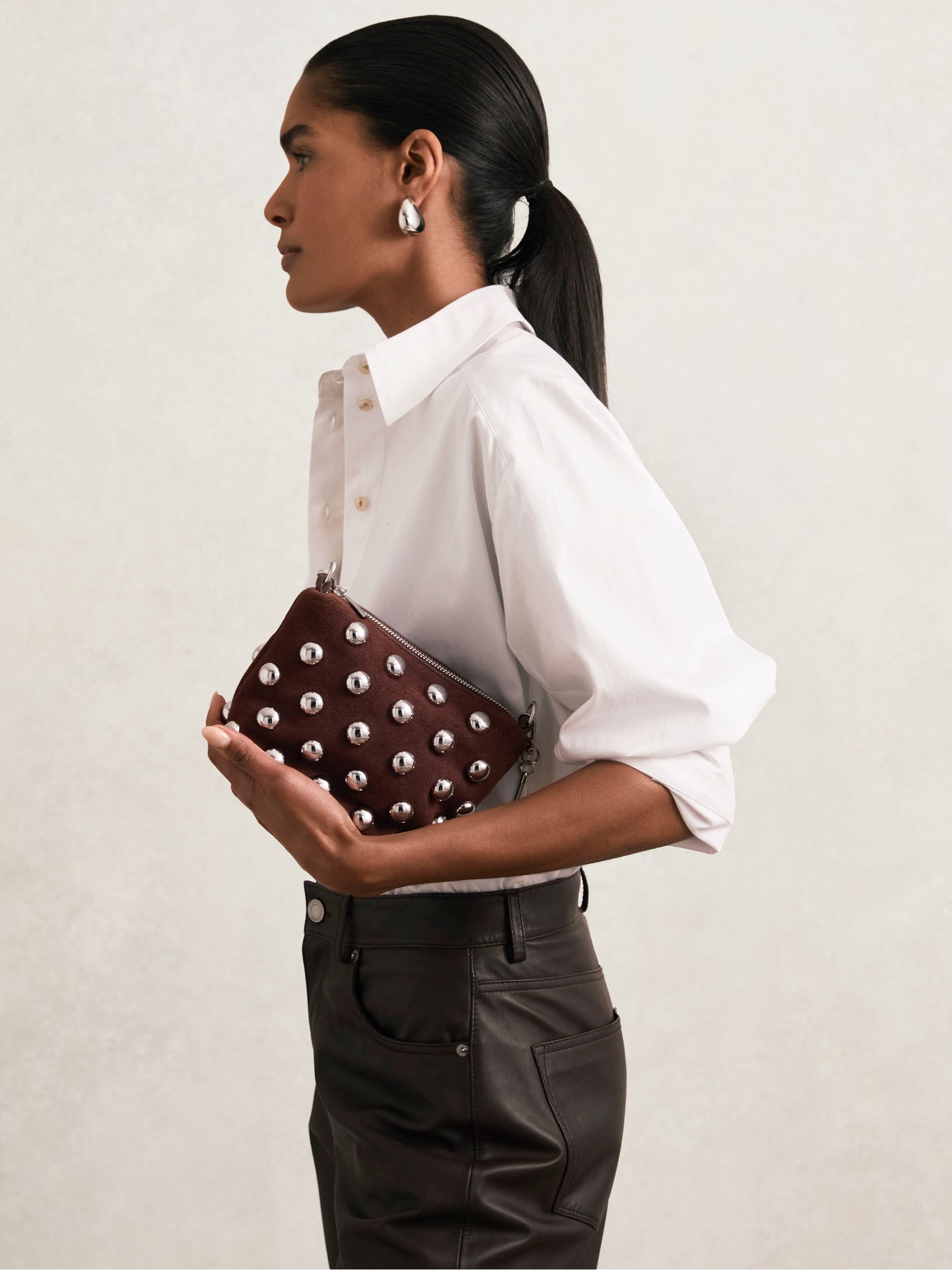 Suede Studded Shoulder Bag in Oxblood - Image 6 of 6