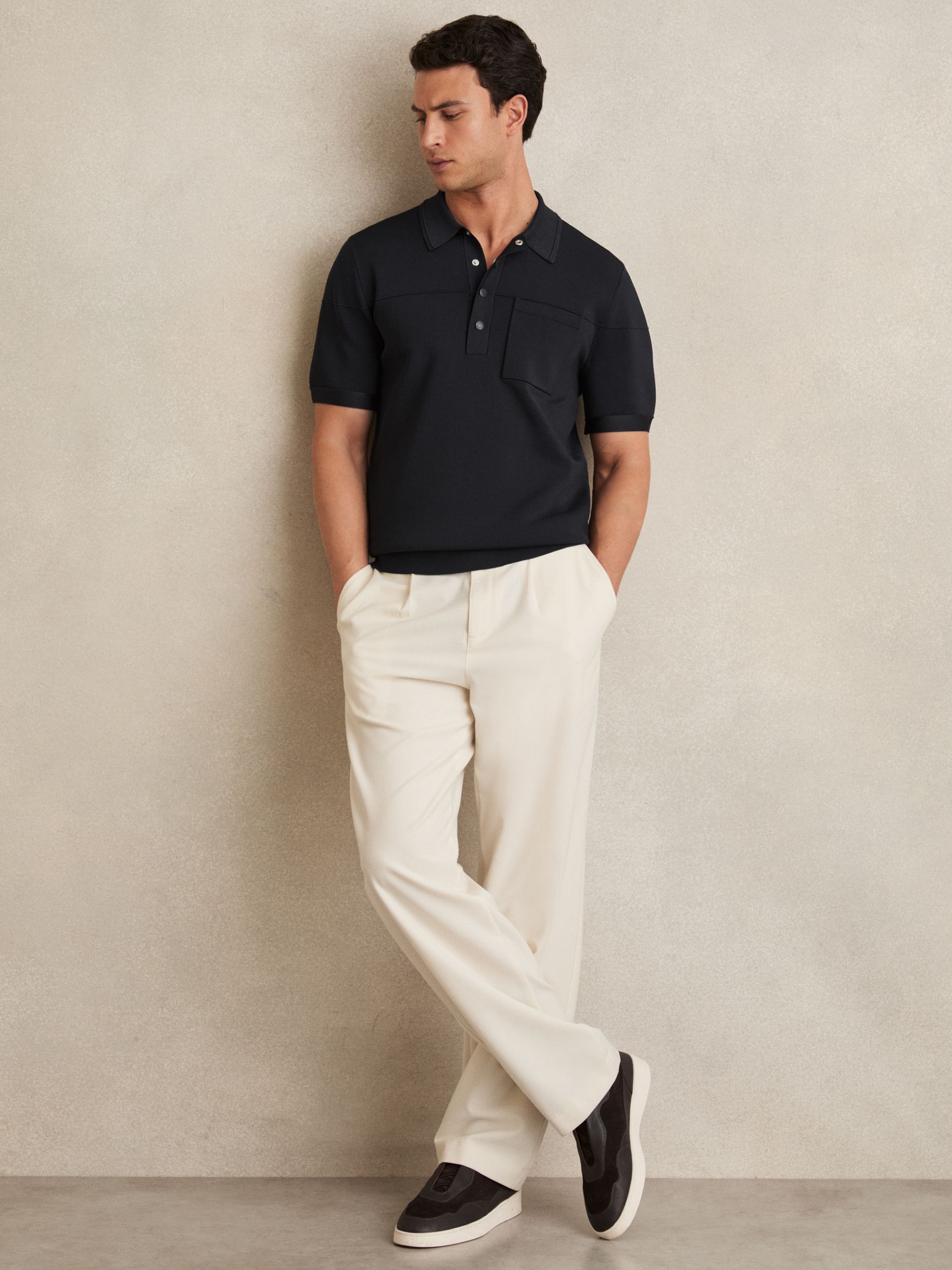 Press-Stud Seam-Detail Polo Shirt in Navy - Image 3 of 6