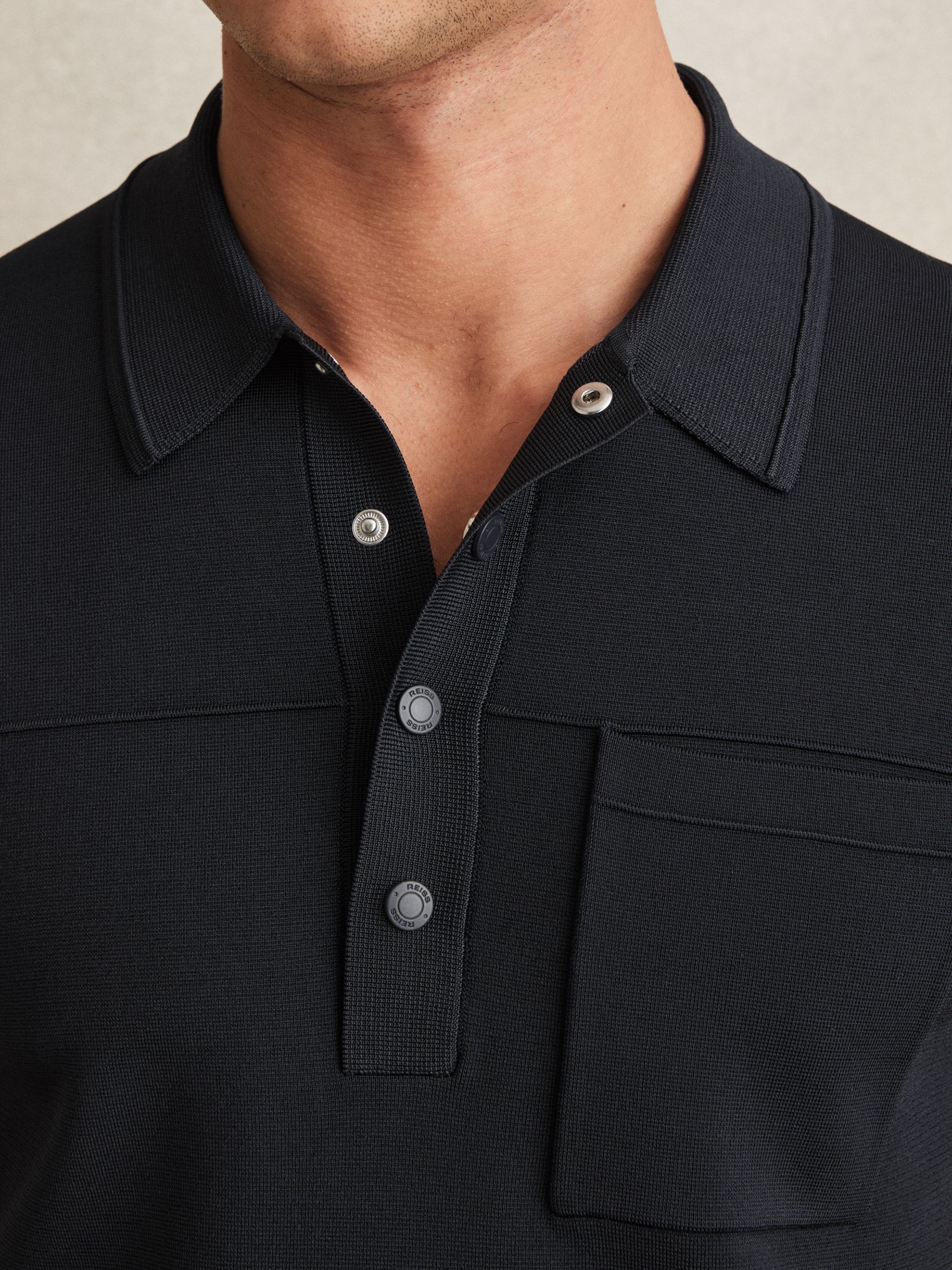 Press-Stud Seam-Detail Polo Shirt in Navy - Image 4 of 6