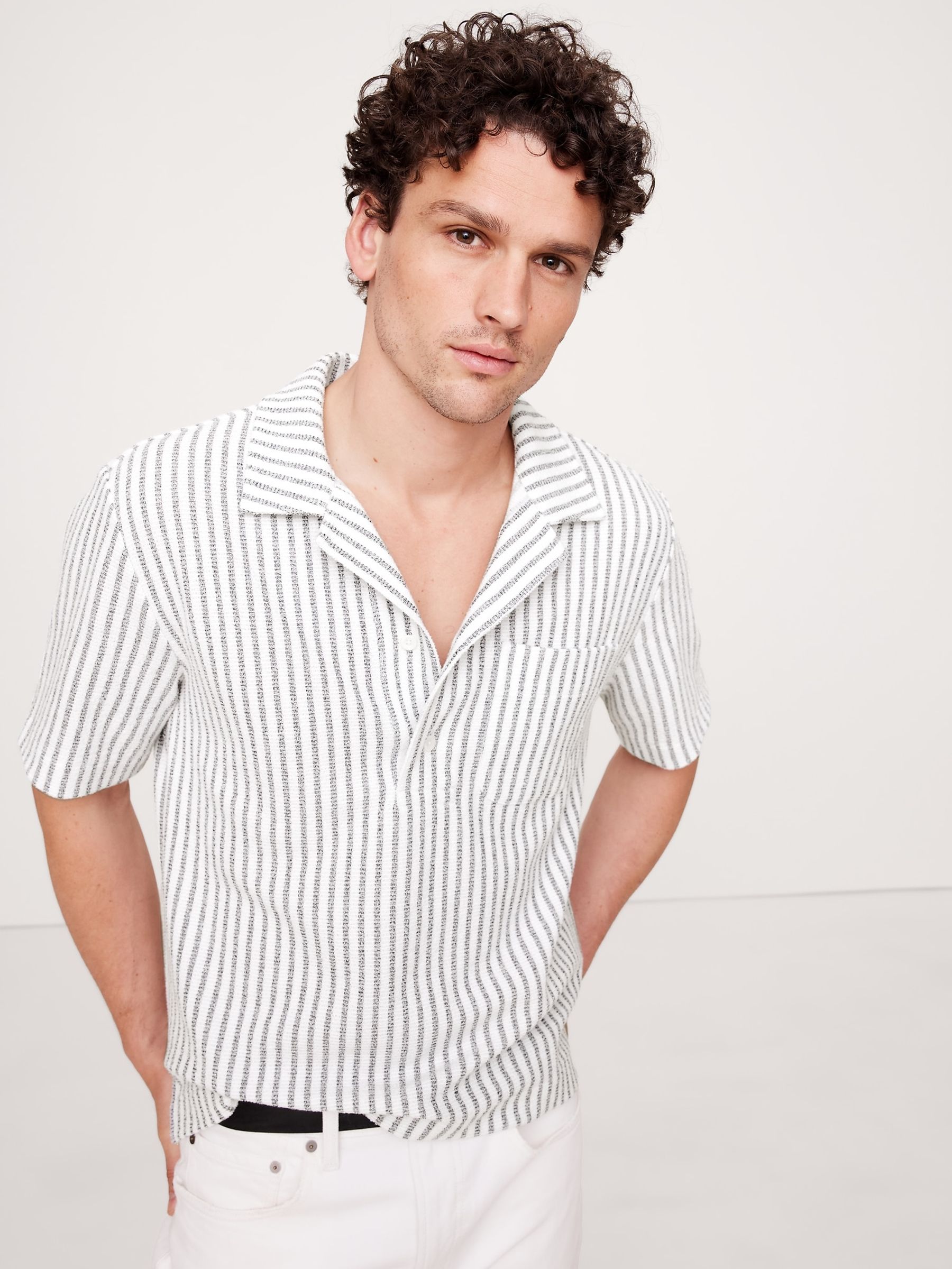 Banana Republic White Stripe Terry Polo Shirt - Image 2 of 4