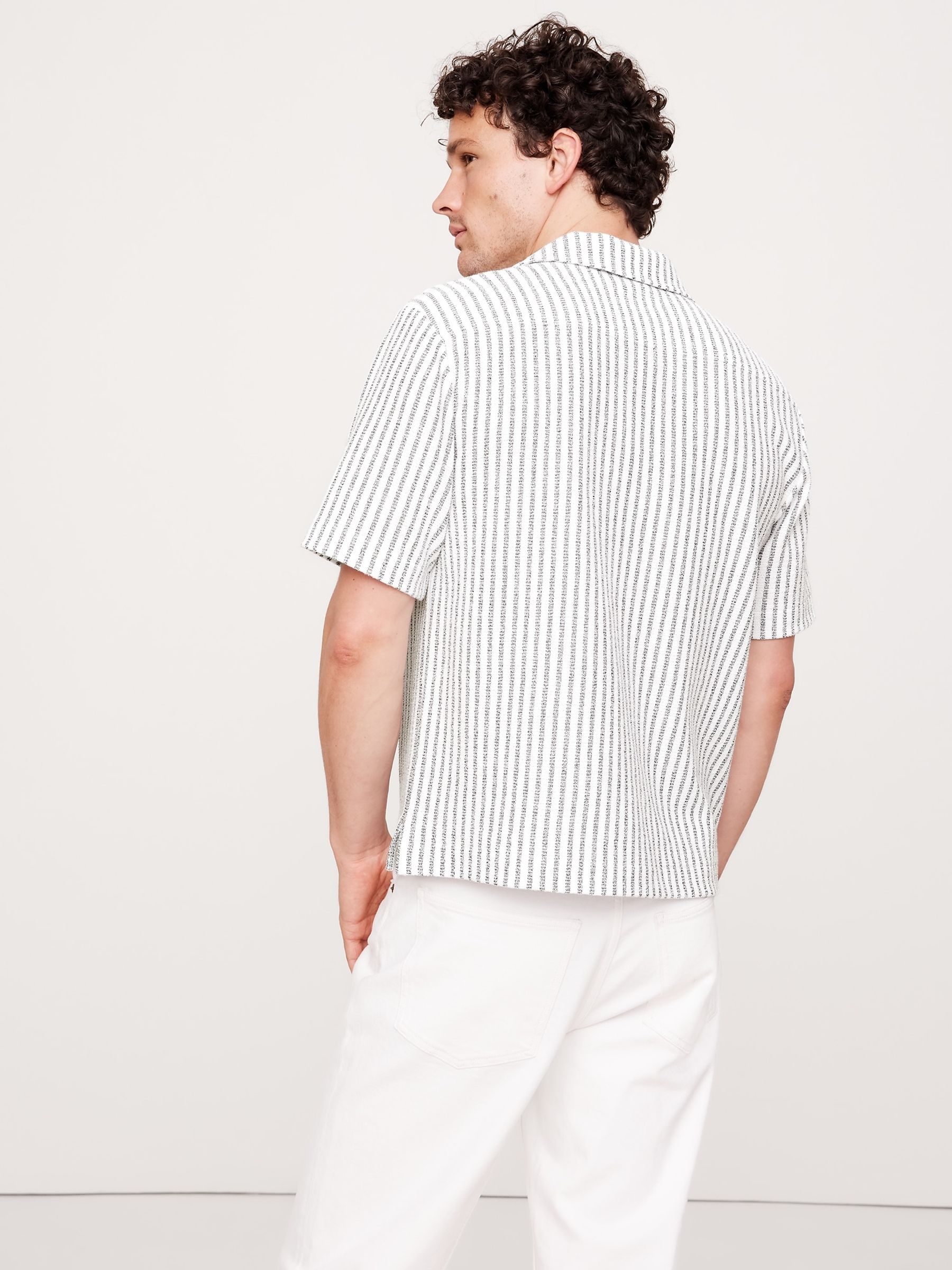 Banana Republic White Stripe Terry Polo Shirt - Image 3 of 4