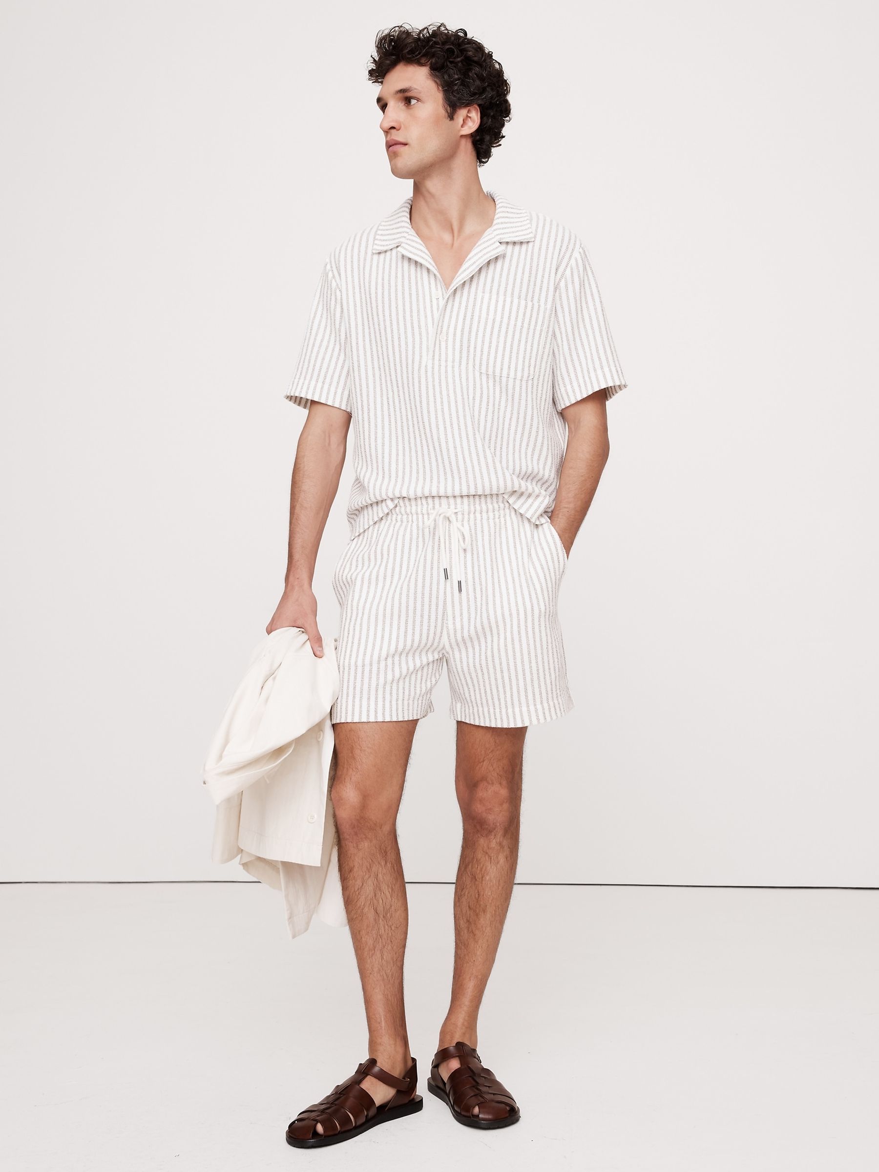 Banana Republic White Brown Stripe Terry Polo Shirt - Image 1 of 1