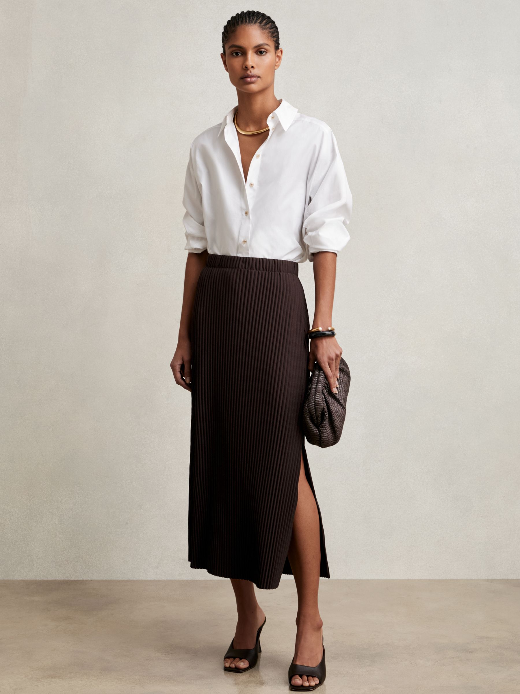 Pleated Jersey Midi Skirt in Burgundy - Image 1 of 6