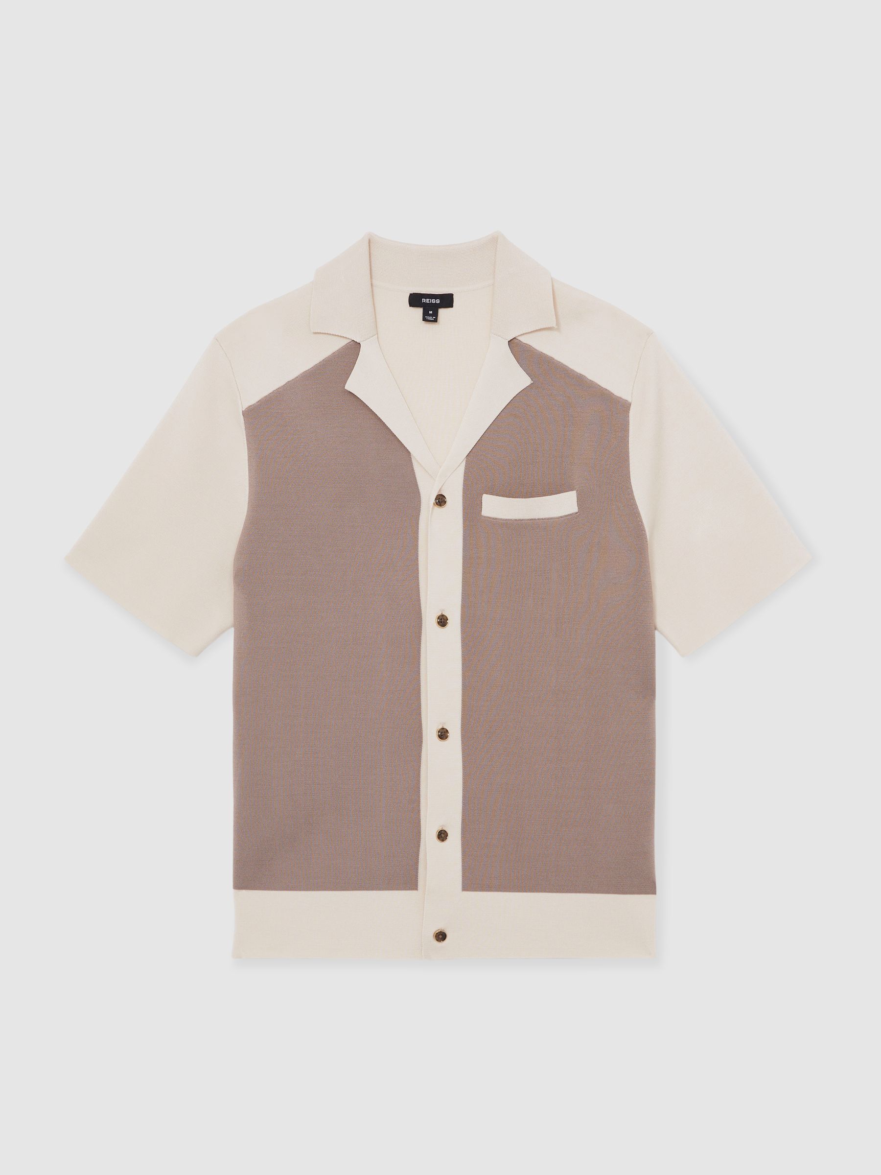 Colour-Block Cuban-Collar Knit Shirt in Taupe Brown/Light Stone - Image 2 of 6