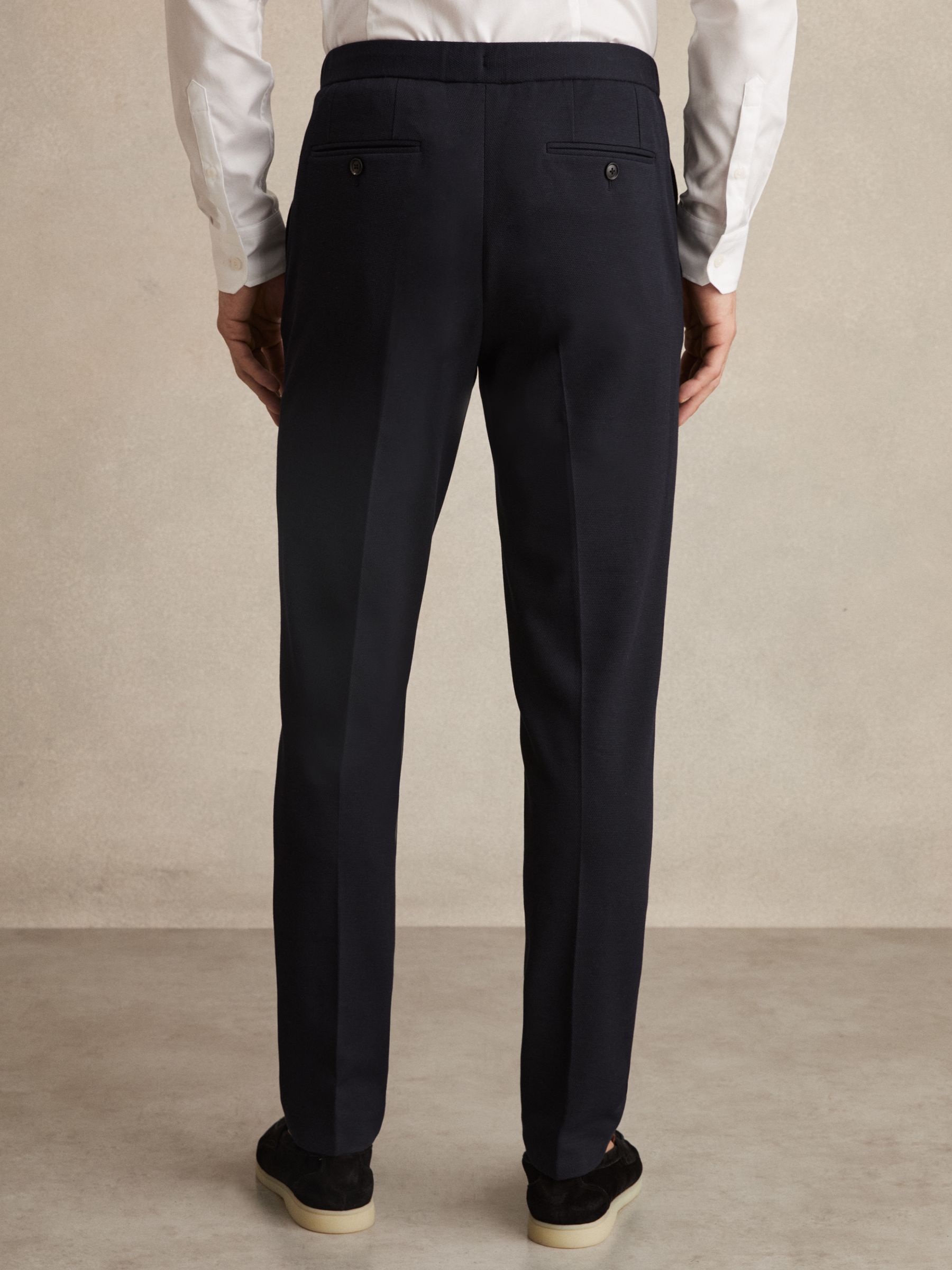 Tailored Fit Textured Jersey Drawstring Suit Trousers in Navy - image 4