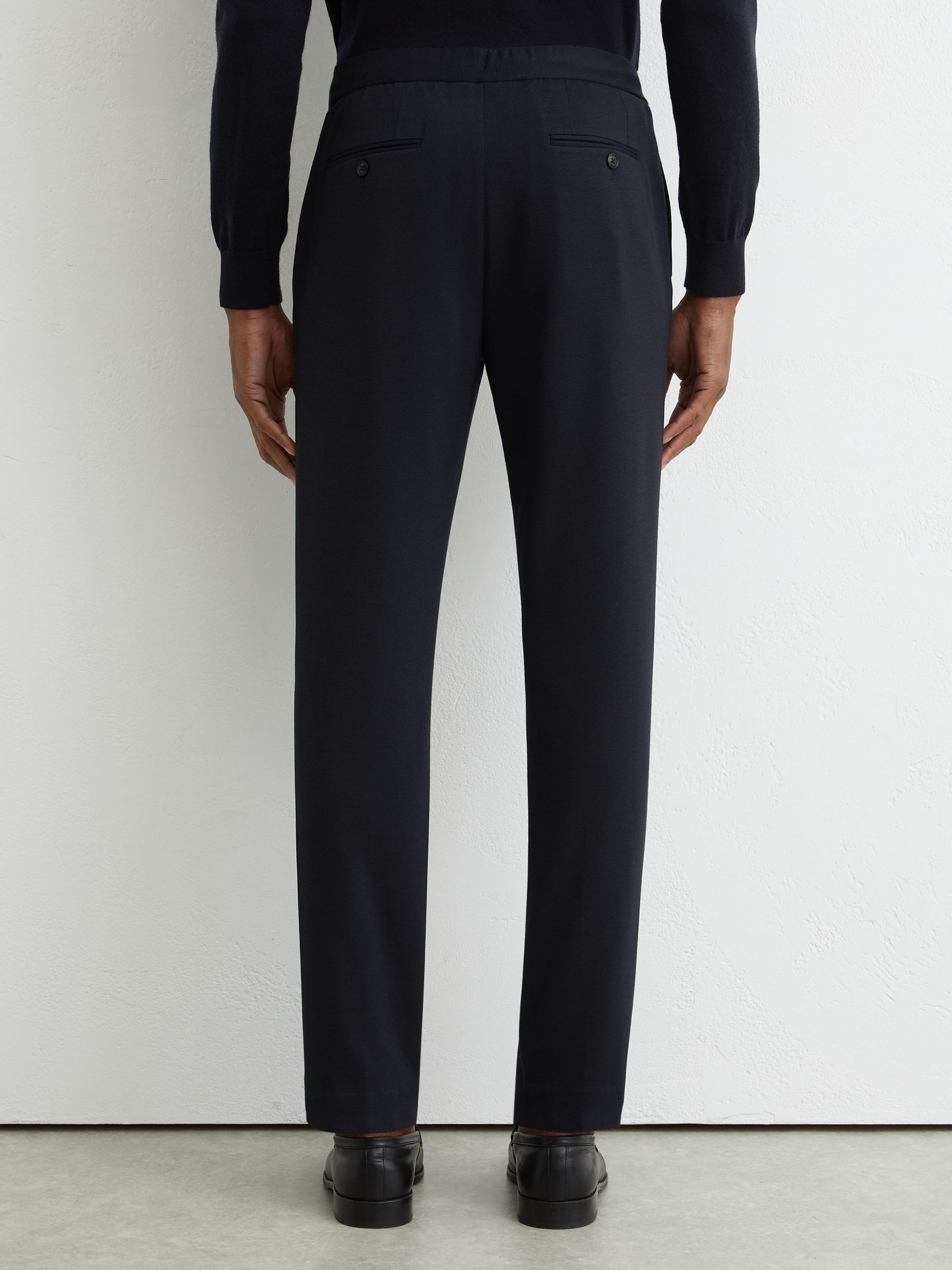 Tailored Fit Textured Jersey Drawstring Suit Trousers in Navy - Image 6 of 7