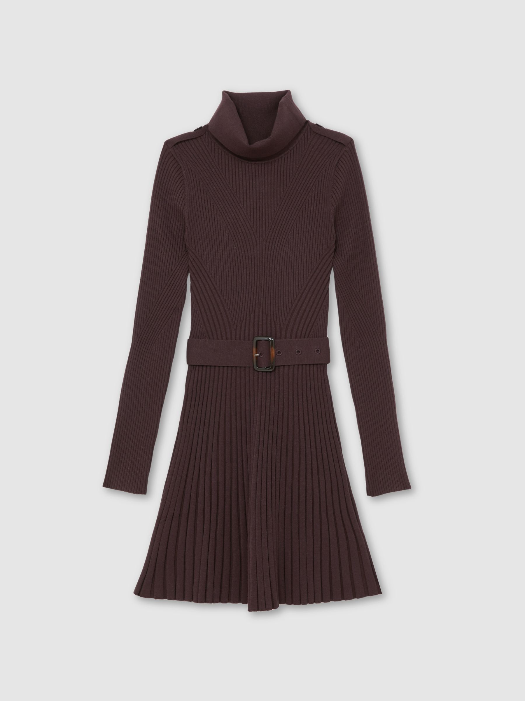 Rib-Knit Roll-Neck Belted Mini Dress in Purple - Image 2 of 6 Rib-Knit Roll-Neck Belted Mini Dress in Purple - Image 2 of 6