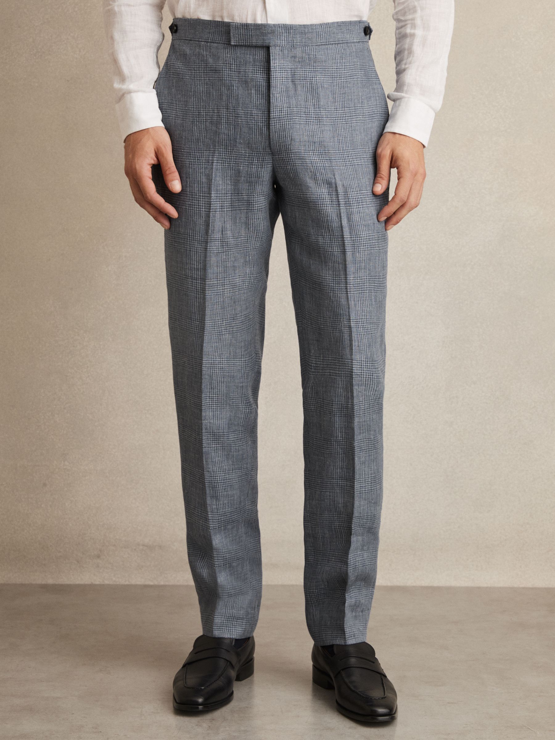Slim Fit Linen Check Suit Trousers in Soft Blue - Image 3 of 6