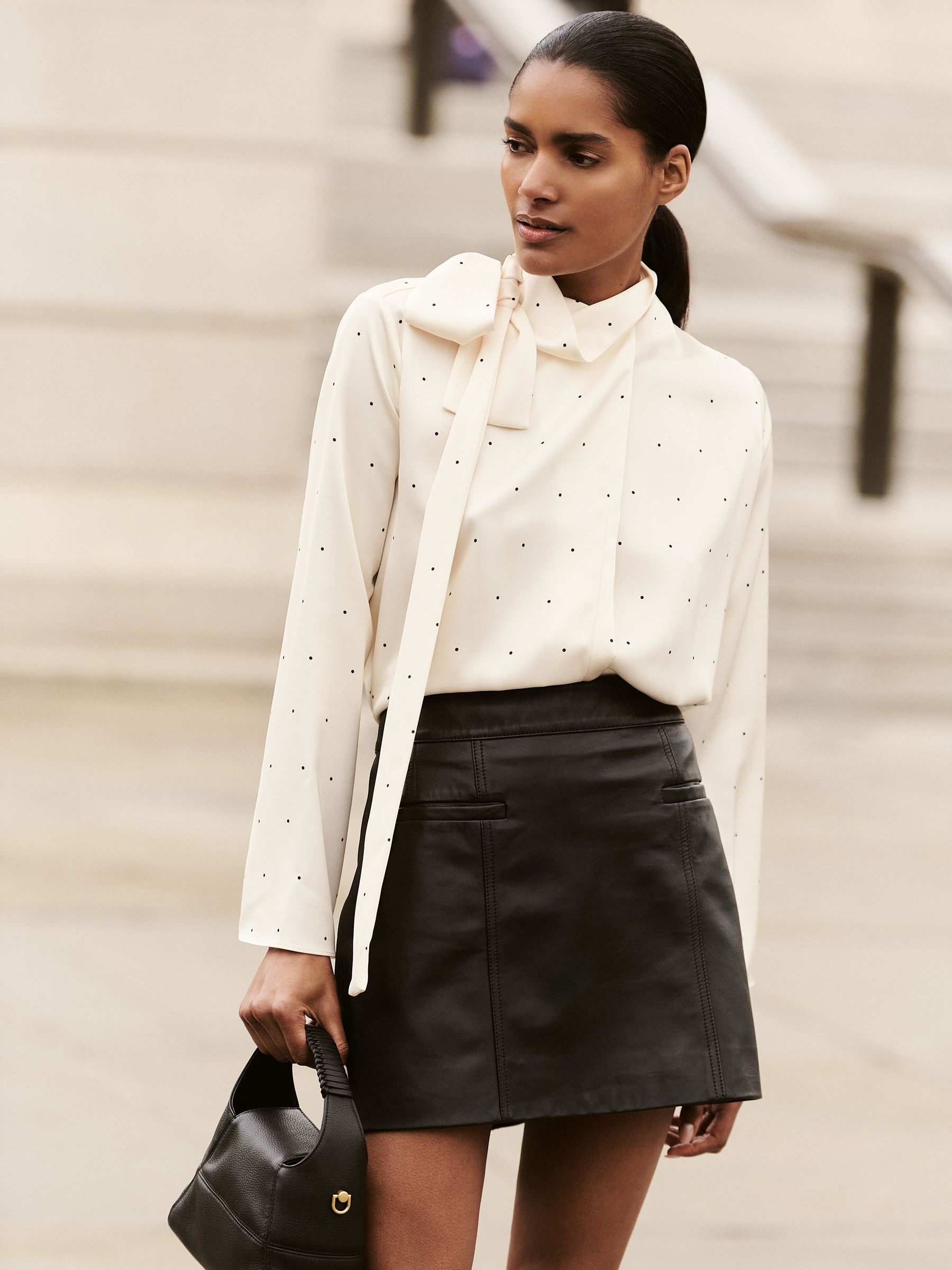 Reiss Satin Polka Dot Tie Neck Blouse in Ivory | REISS
