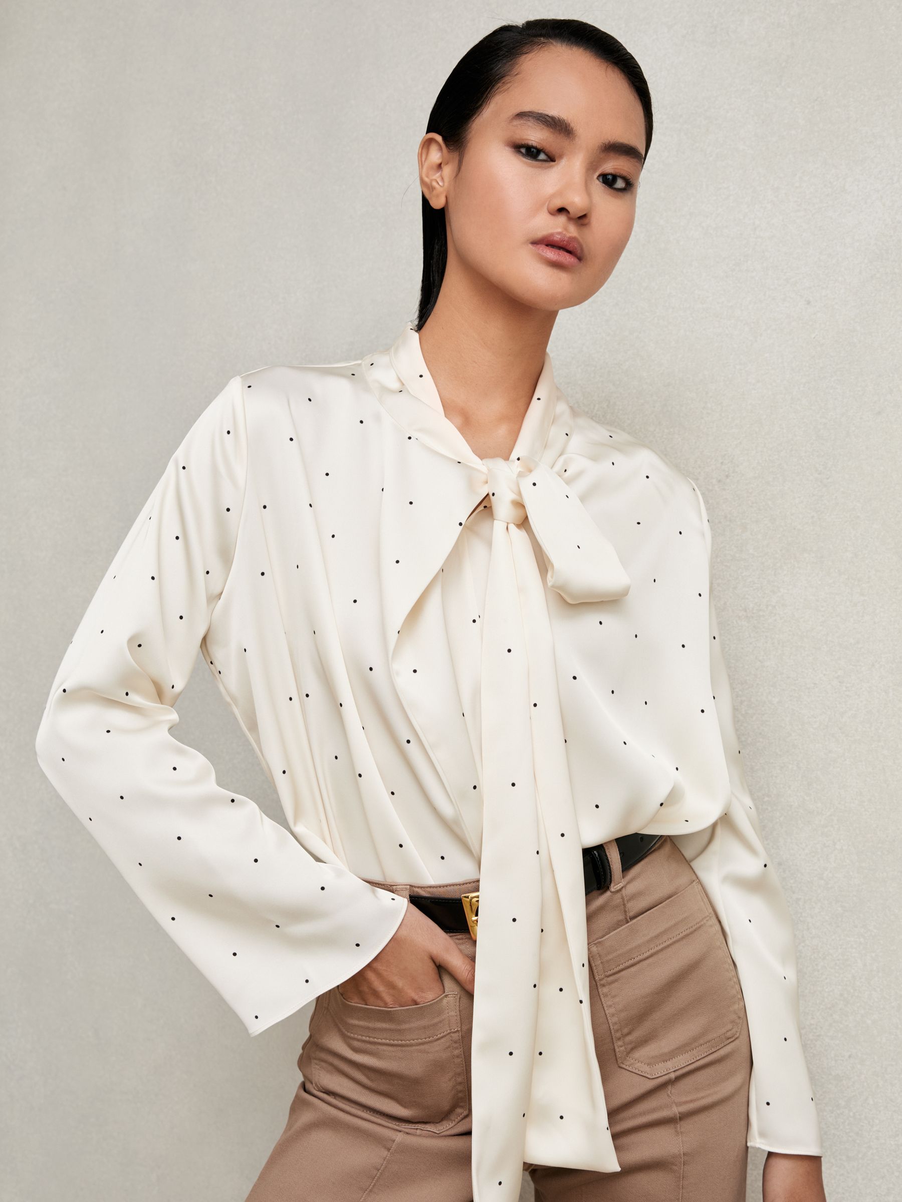 Reiss Satin Polka Dot Tie Neck Blouse in Ivory | REISS