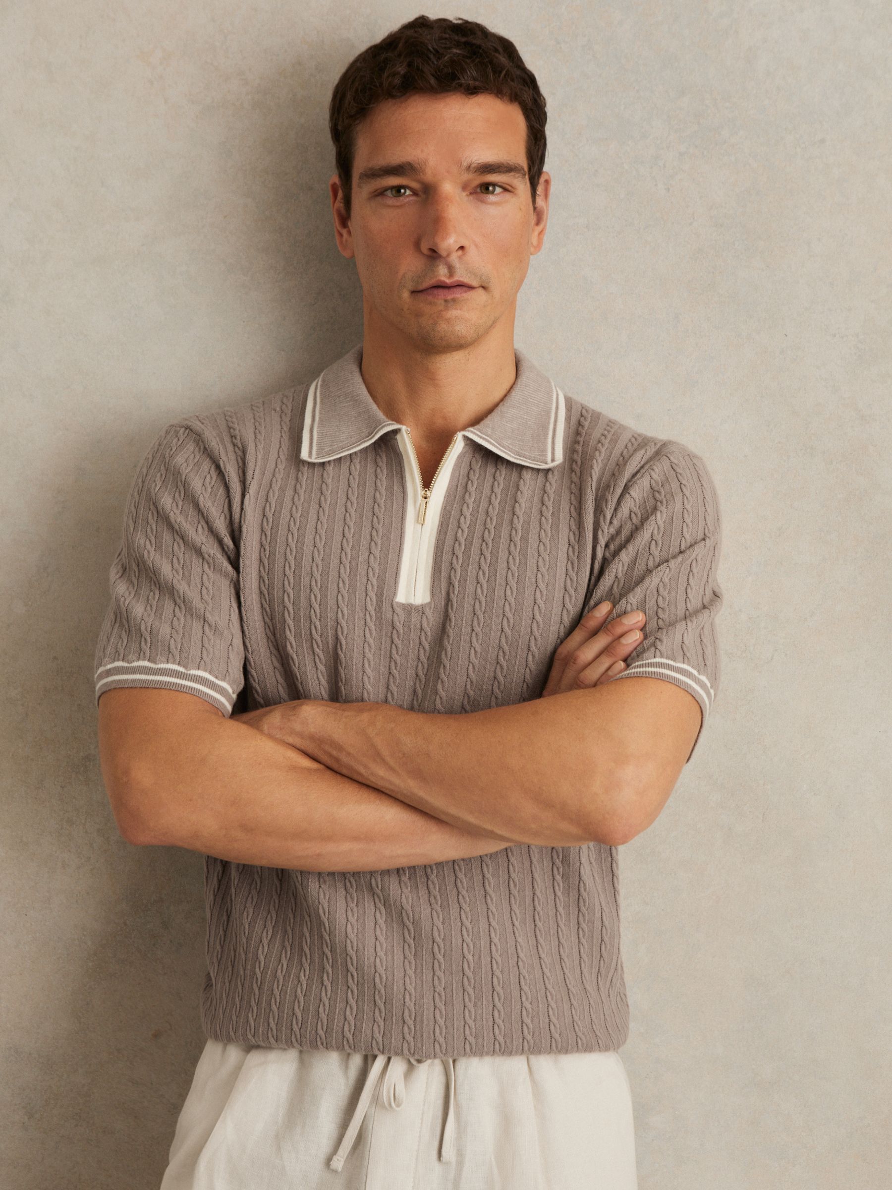 Micro-Cable Half-Zip Polo Shirt in Light Taupe Brown - Image 1 of 6 Micro-Cable Half-Zip Polo Shirt in Light Taupe Brown - Image 1 of 6