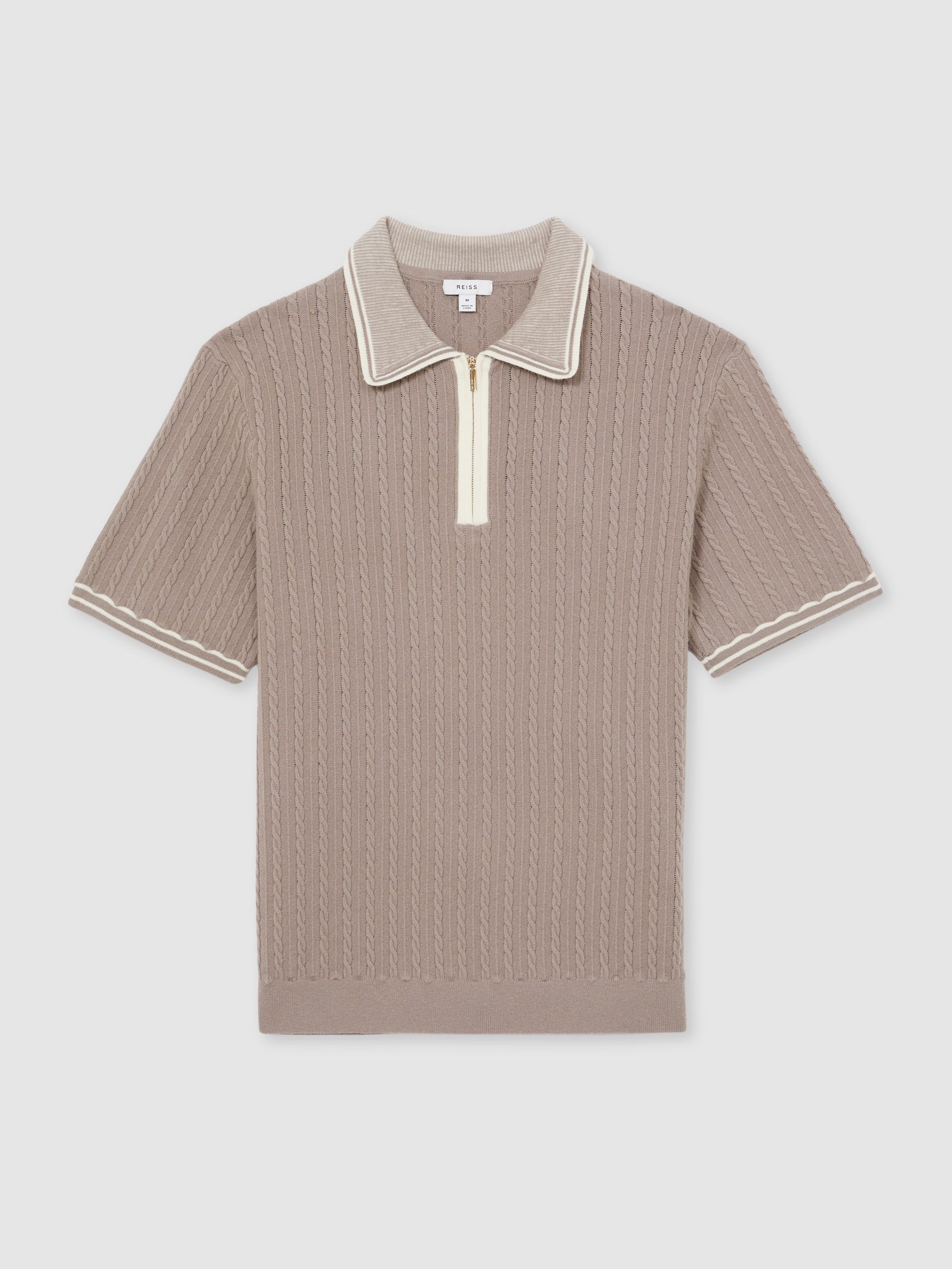 Micro-Cable Half-Zip Polo Shirt in Light Taupe Brown - Image 2 of 6
