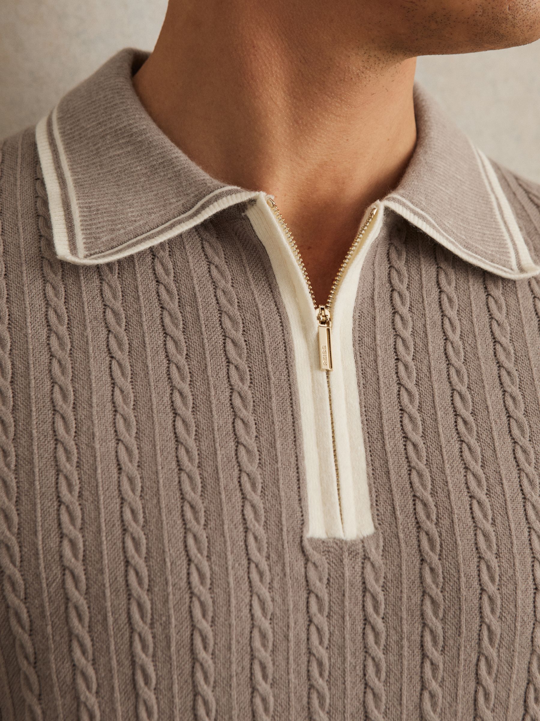 Micro-Cable Half-Zip Polo Shirt in Light Taupe Brown - Image 4 of 6