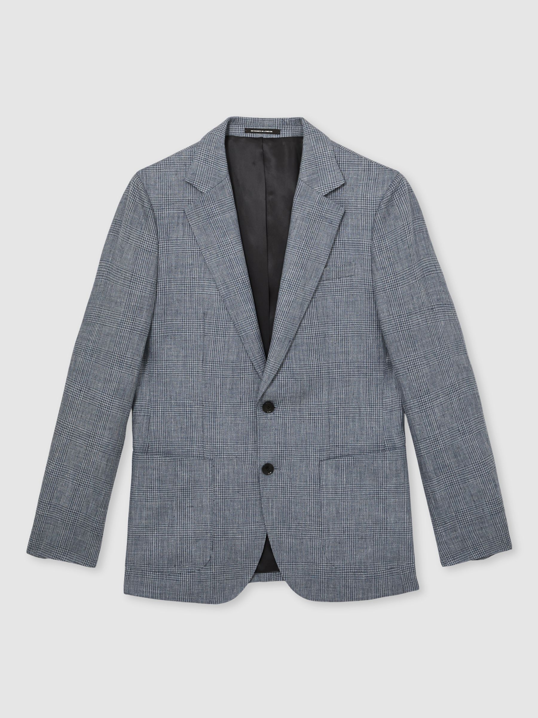 Slim Fit Single Breasted Linen Check Suit Blazer in Soft Blue - Image 3 of 9