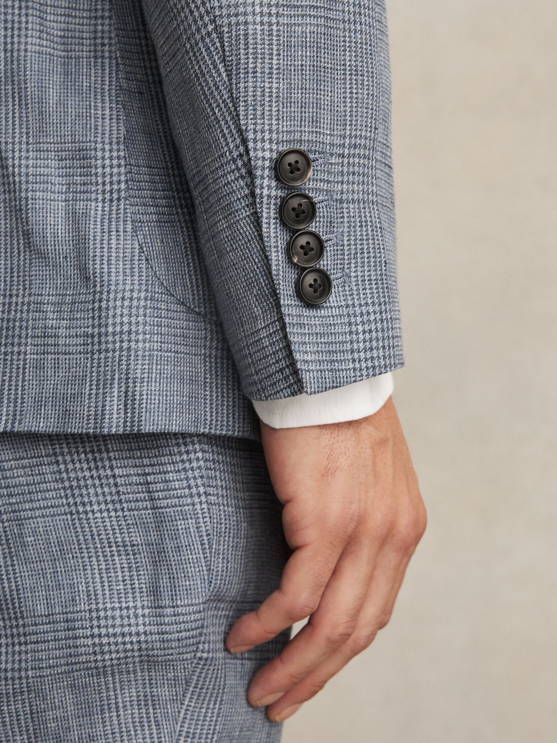 Slim Fit Single Breasted Linen Check Suit Blazer in Soft Blue - Image 5 of 9