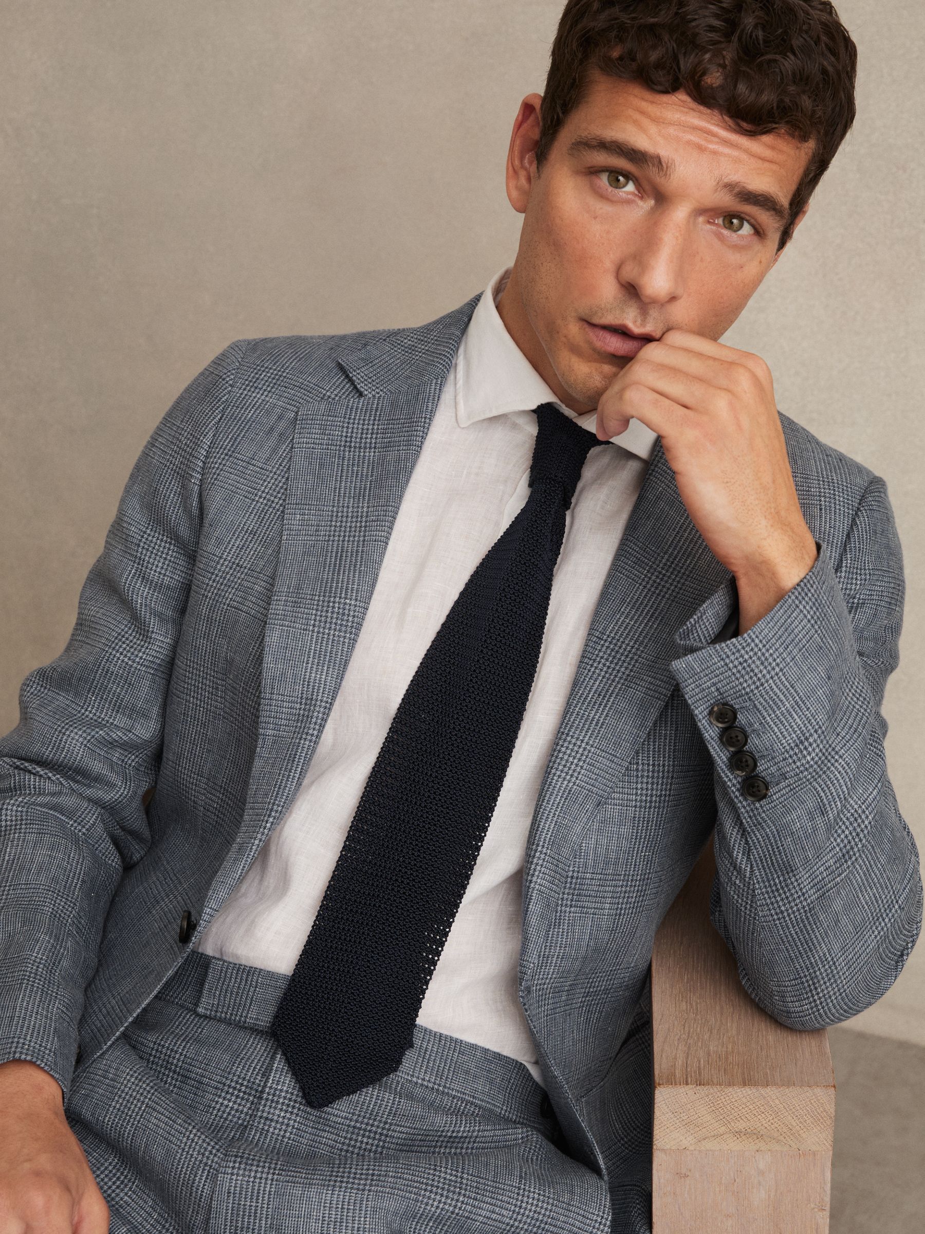 Slim Fit Single Breasted Linen Check Suit Blazer in Soft Blue - Image 6 of 9