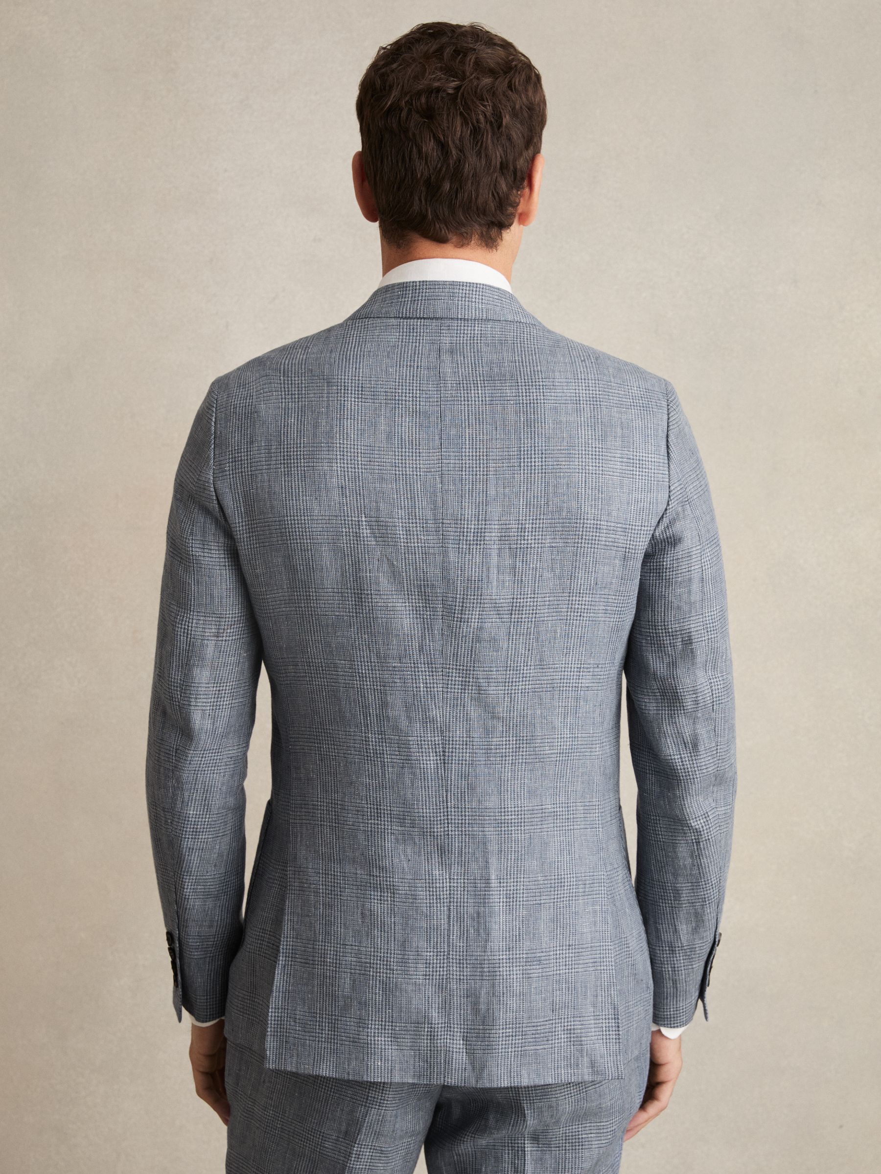 Slim Fit Single Breasted Linen Check Suit Blazer in Soft Blue - Image 7 of 9