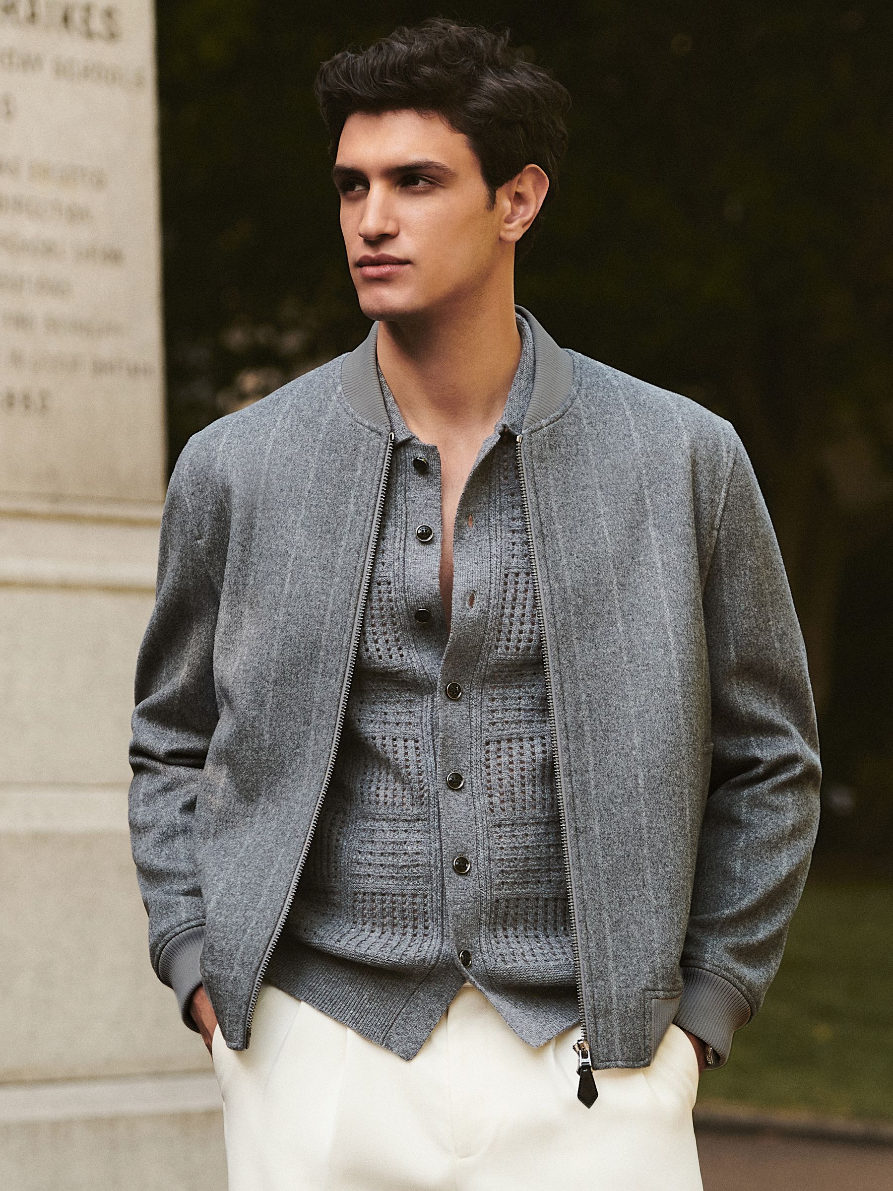 Wool-Blend Chalk-Stripe Bomber Jacket in Grey - Image 1 of 6