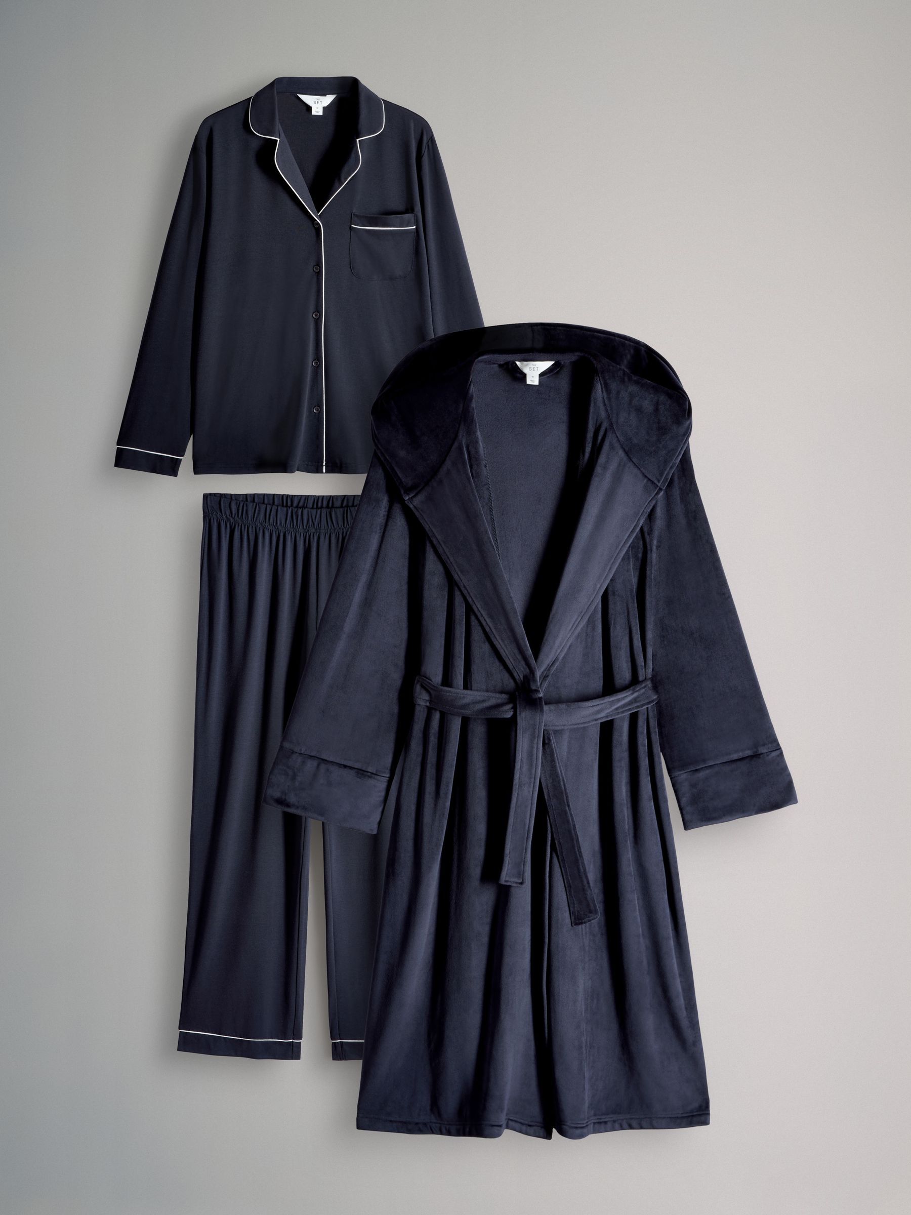 Navy Blue - 2 Pack Viscose Blend Dressing Gown and Button Through Long Pyjamas with Piping - Image 1 of 6