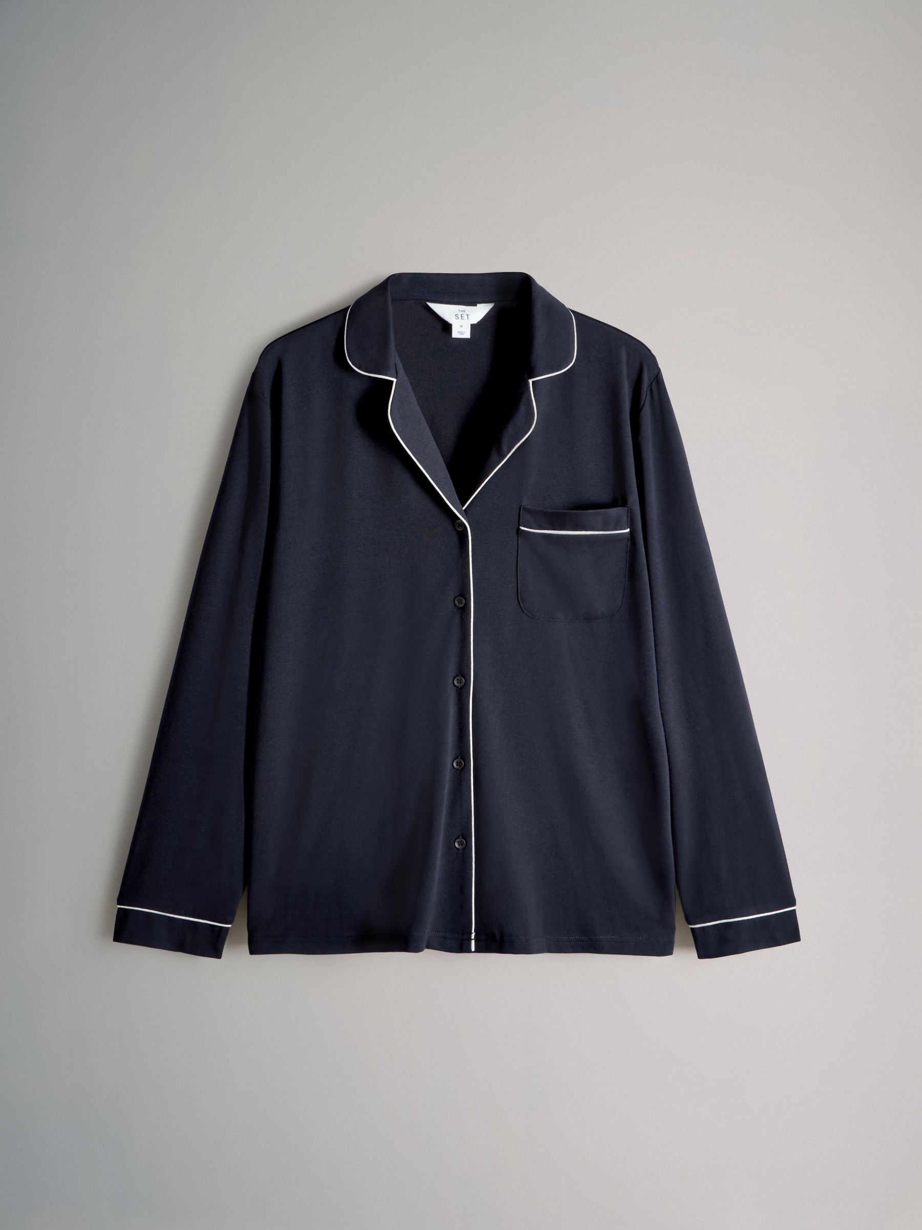 Navy Blue - 2 Pack Viscose Blend Dressing Gown and Button Through Long Pyjamas with Piping - Image 3 of 6