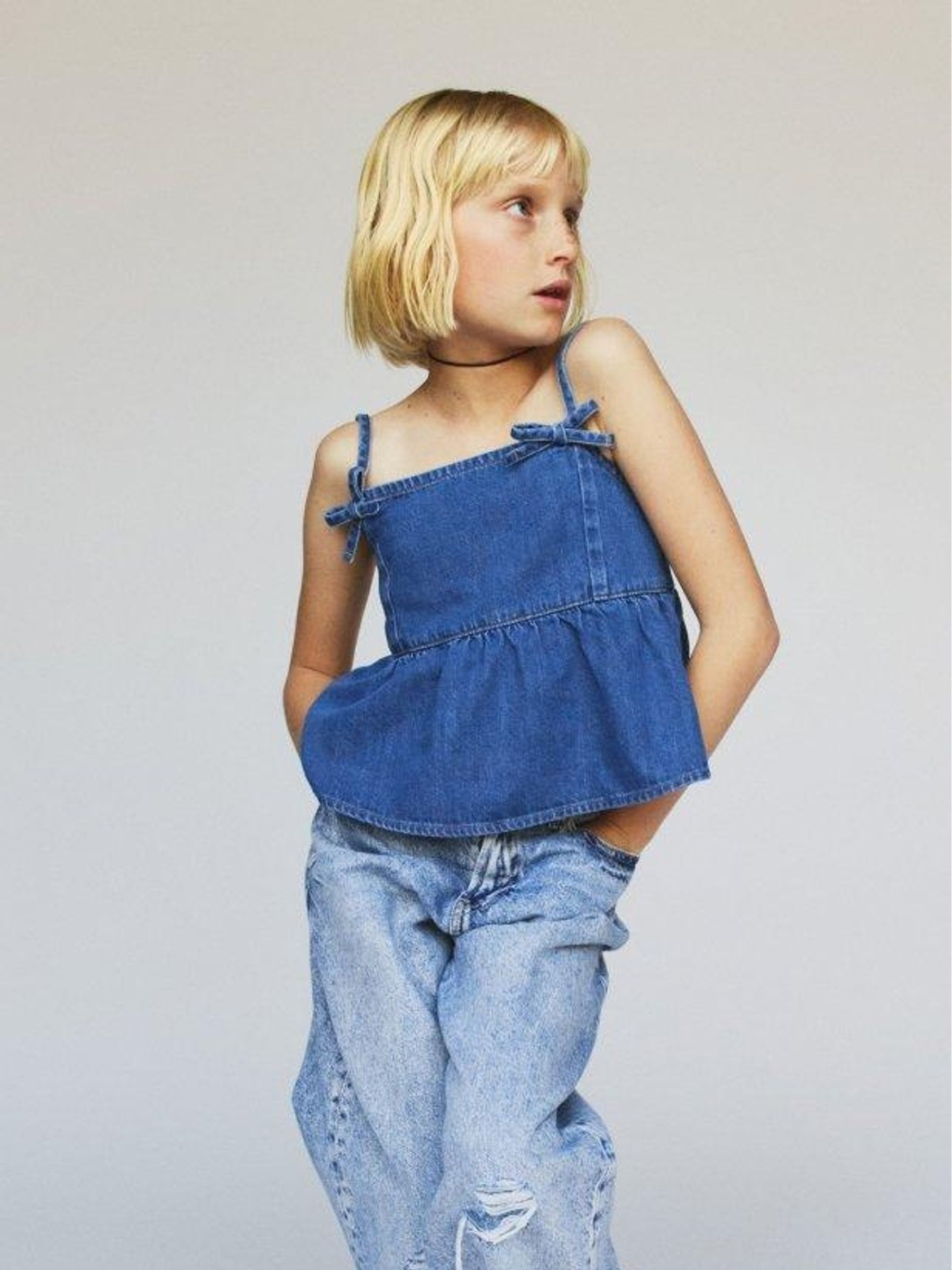 Blue Denim Bow-Strap Peplum Top (4-13yrs) - Image 4 of 5
