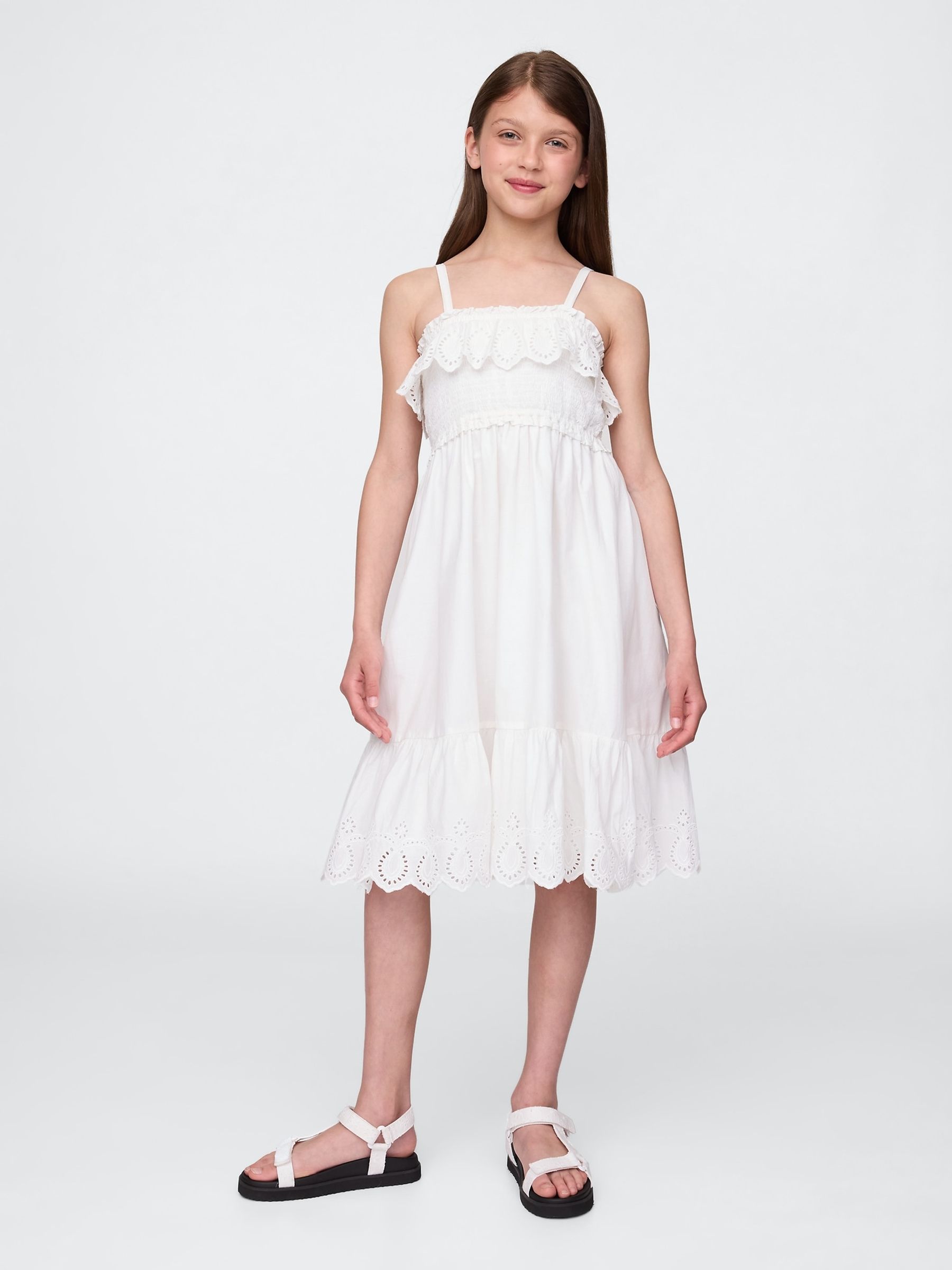 White Smocked Ruffle Midi Dress - Image 1 of 5