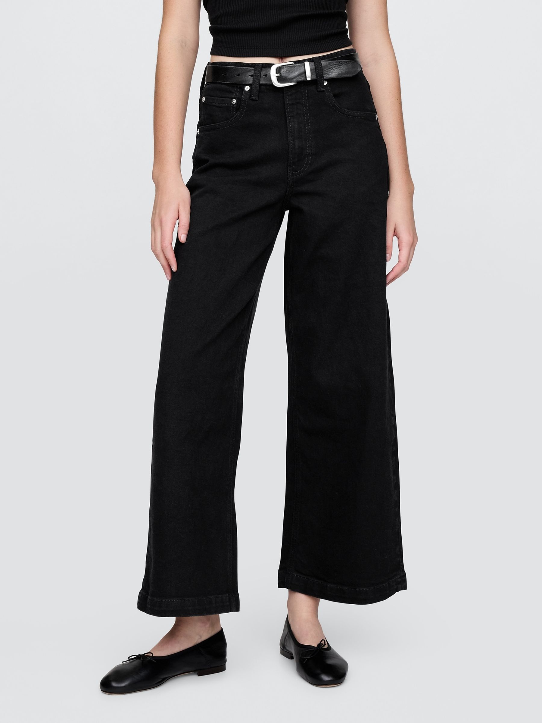 Black High Waisted Stride Wide-Leg Ankle Jeans - Image 3 of 6