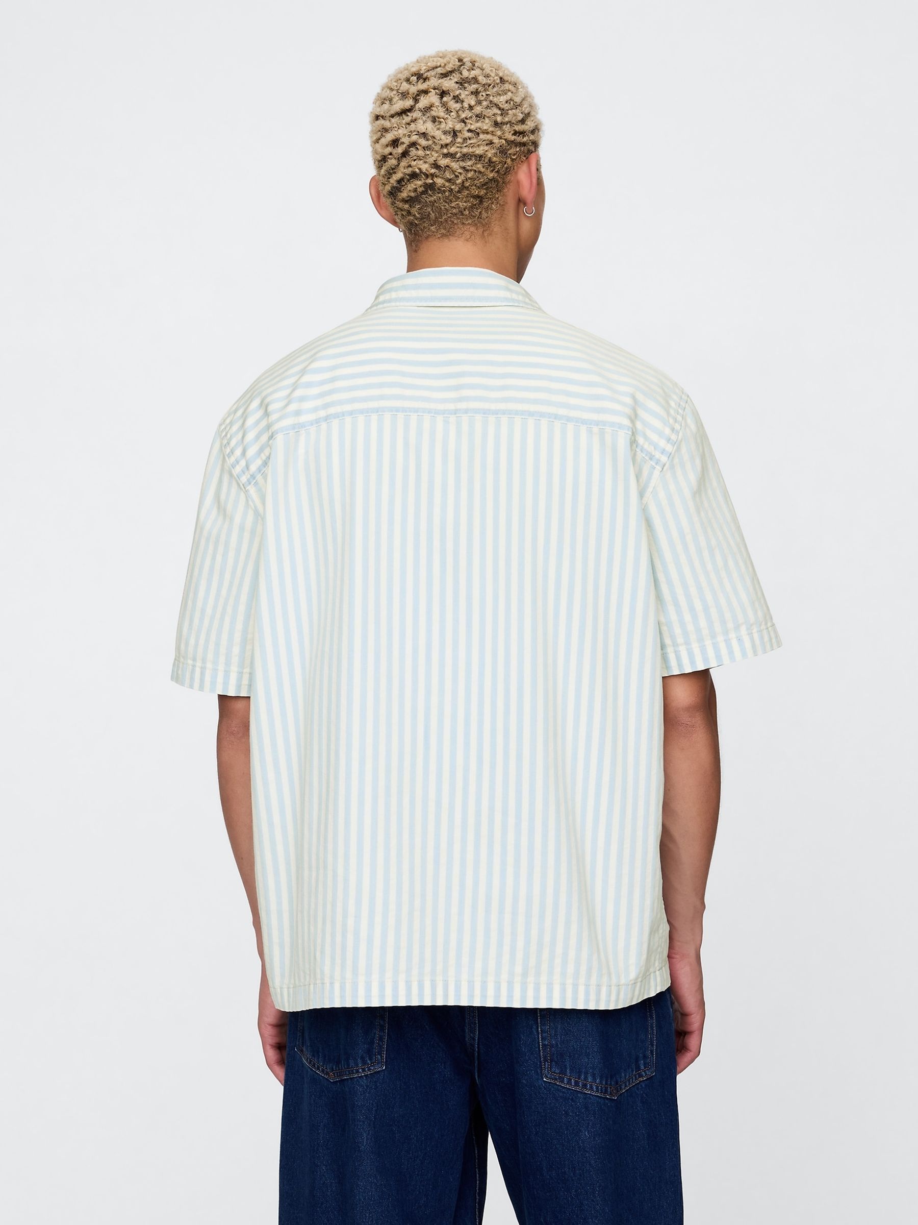 Cream/Blue Stripe Denim Short Sleeve Shirt - Image 2 of 5