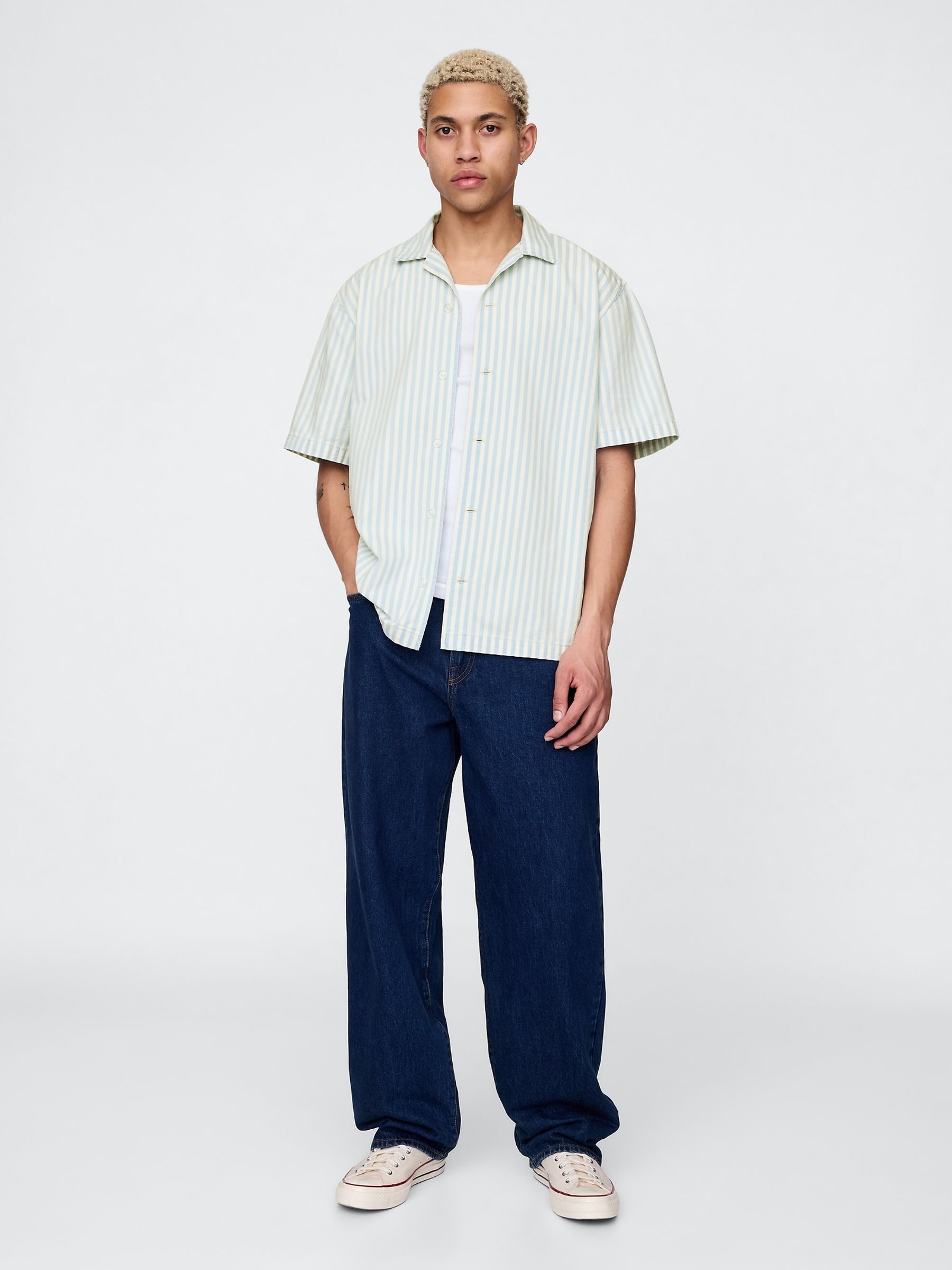 Cream/Blue Stripe Denim Short Sleeve Shirt - Image 3 of 5