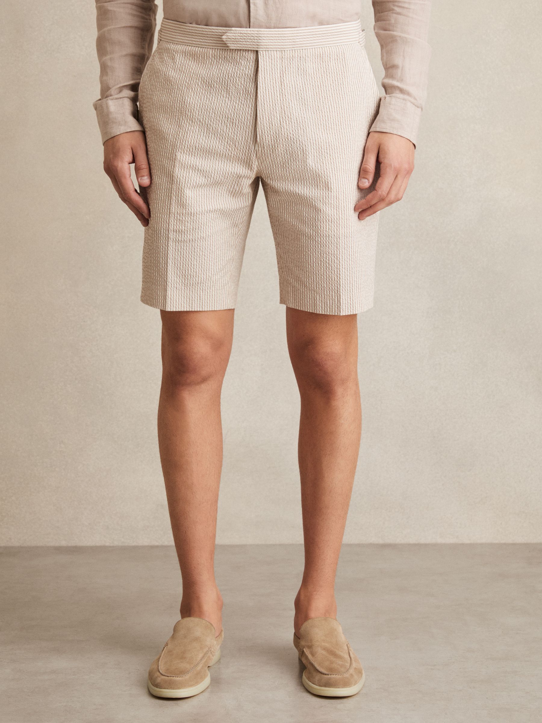 Seersucker Stripe Tailored Shorts in Oatmeal/White - Image 1 of 6