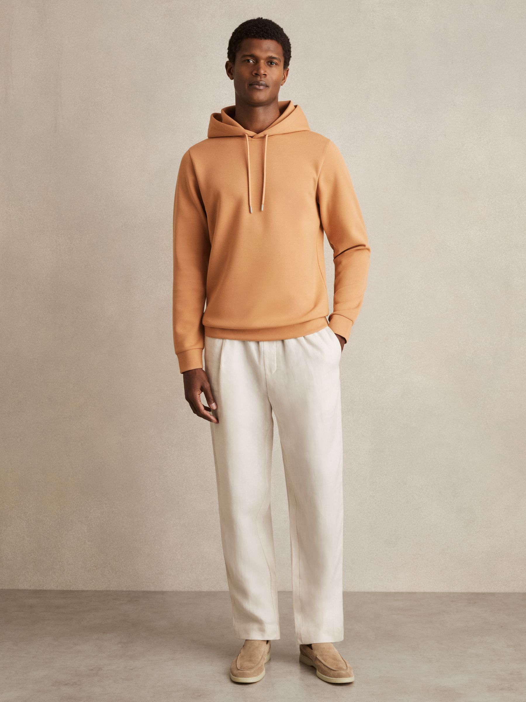 Interlock Jersey Drawstring Hoodie in Light Camel Brown - Image 1 of 7