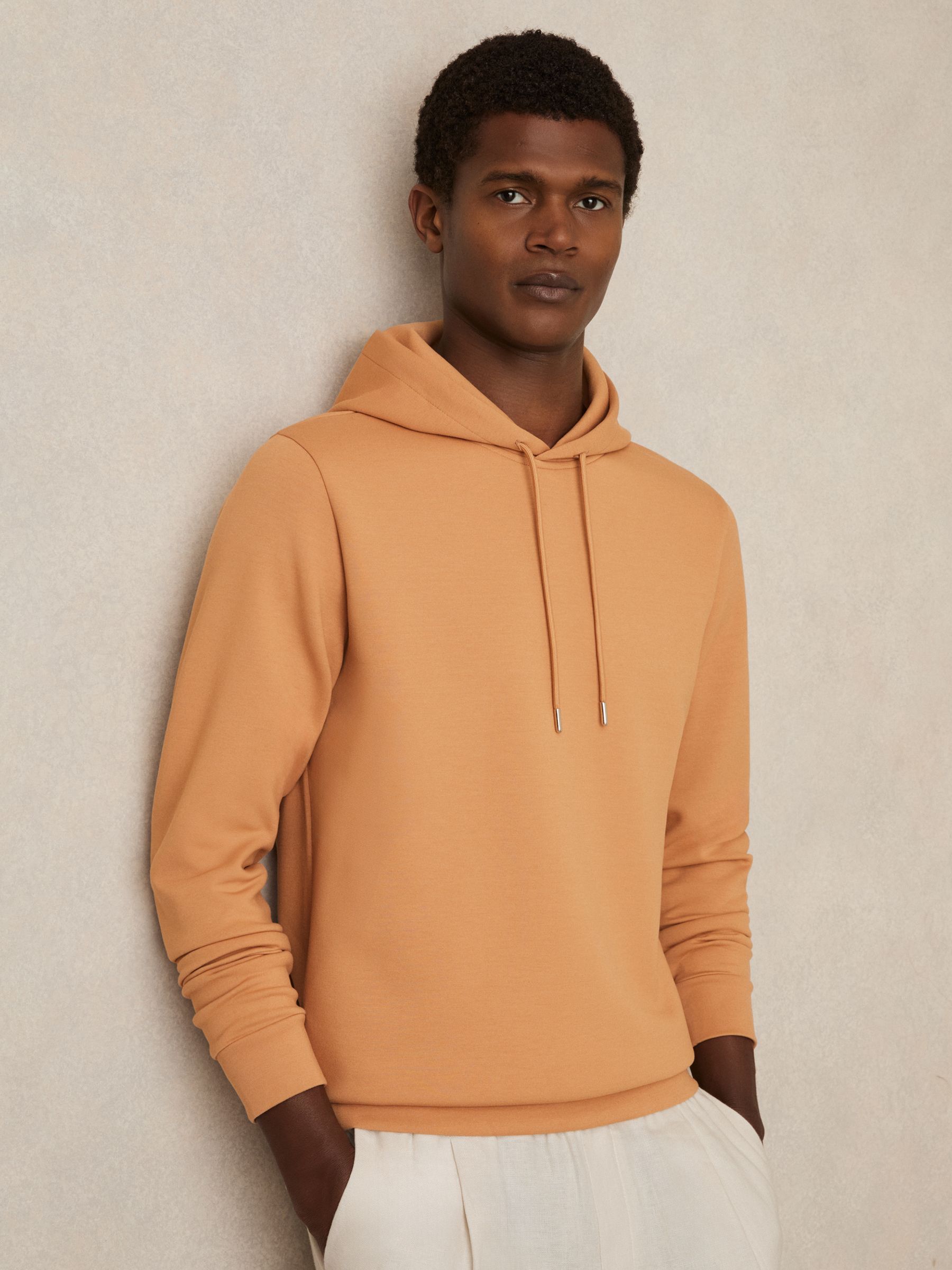 Interlock Jersey Drawstring Hoodie in Light Camel Brown - Image 3 of 7