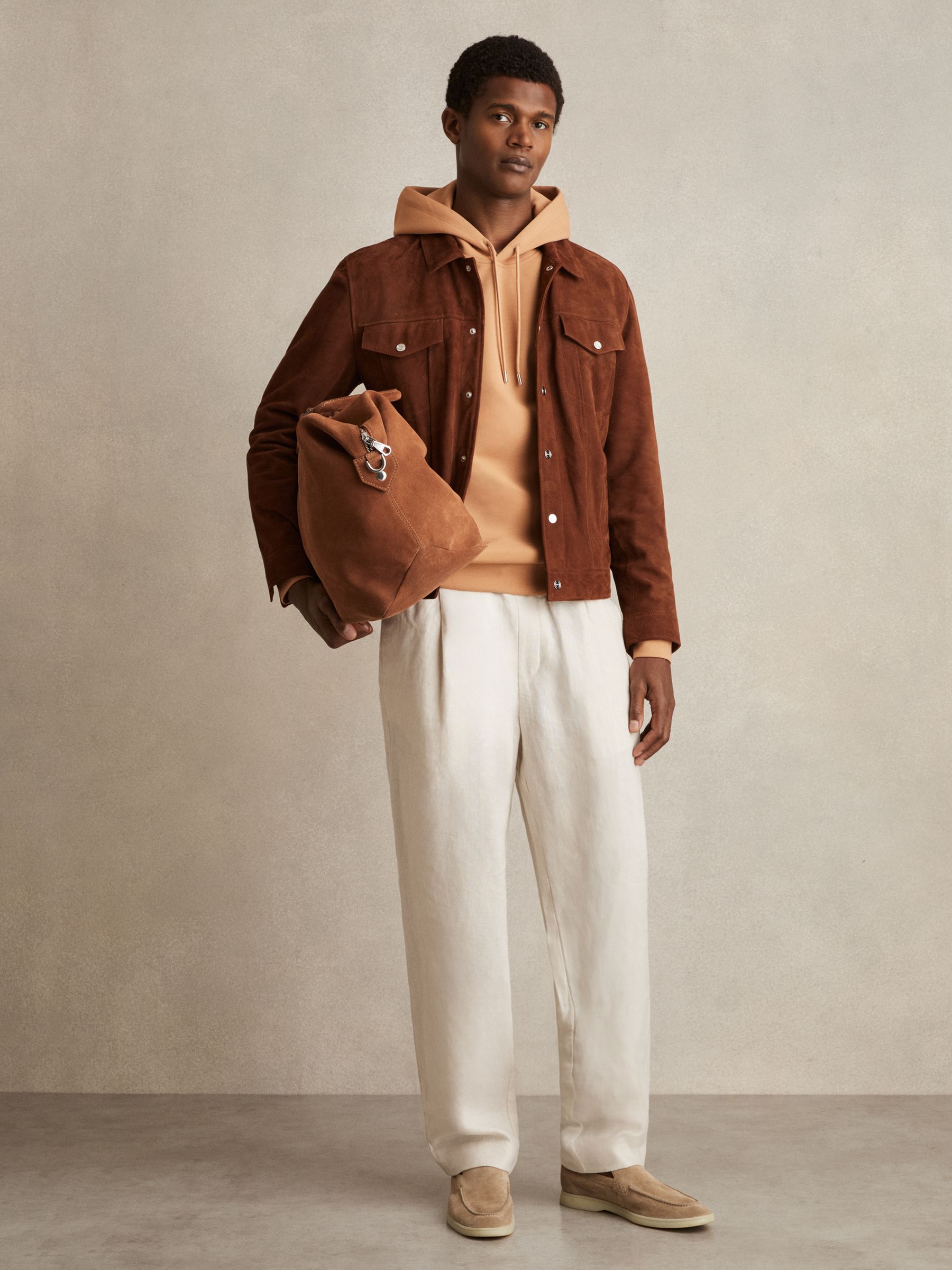 Interlock Jersey Drawstring Hoodie in Light Camel Brown - Image 6 of 7