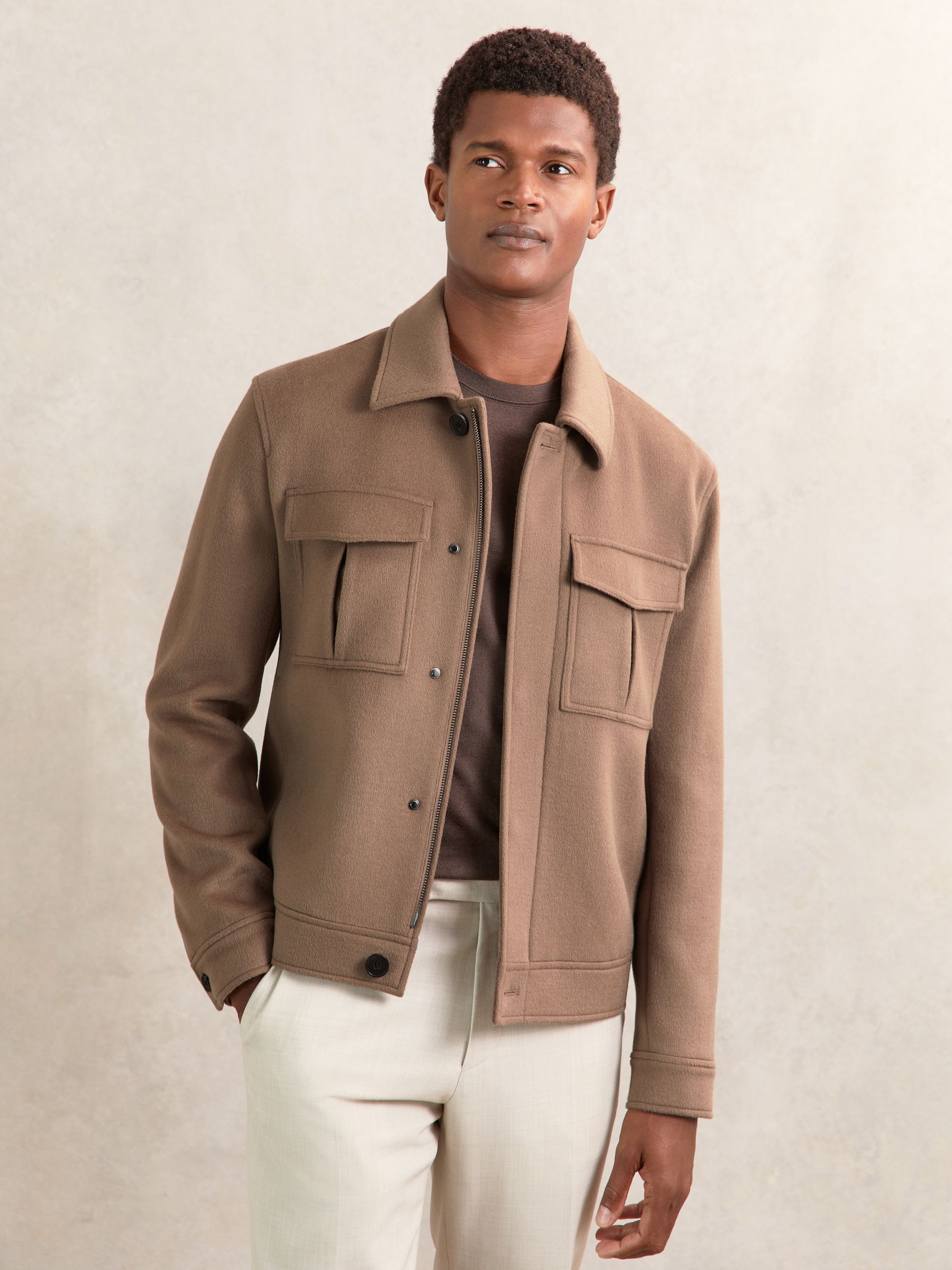 Wool Blend Twin Pocket Zipped Jacket in Dark Brown - Image 1 of 6