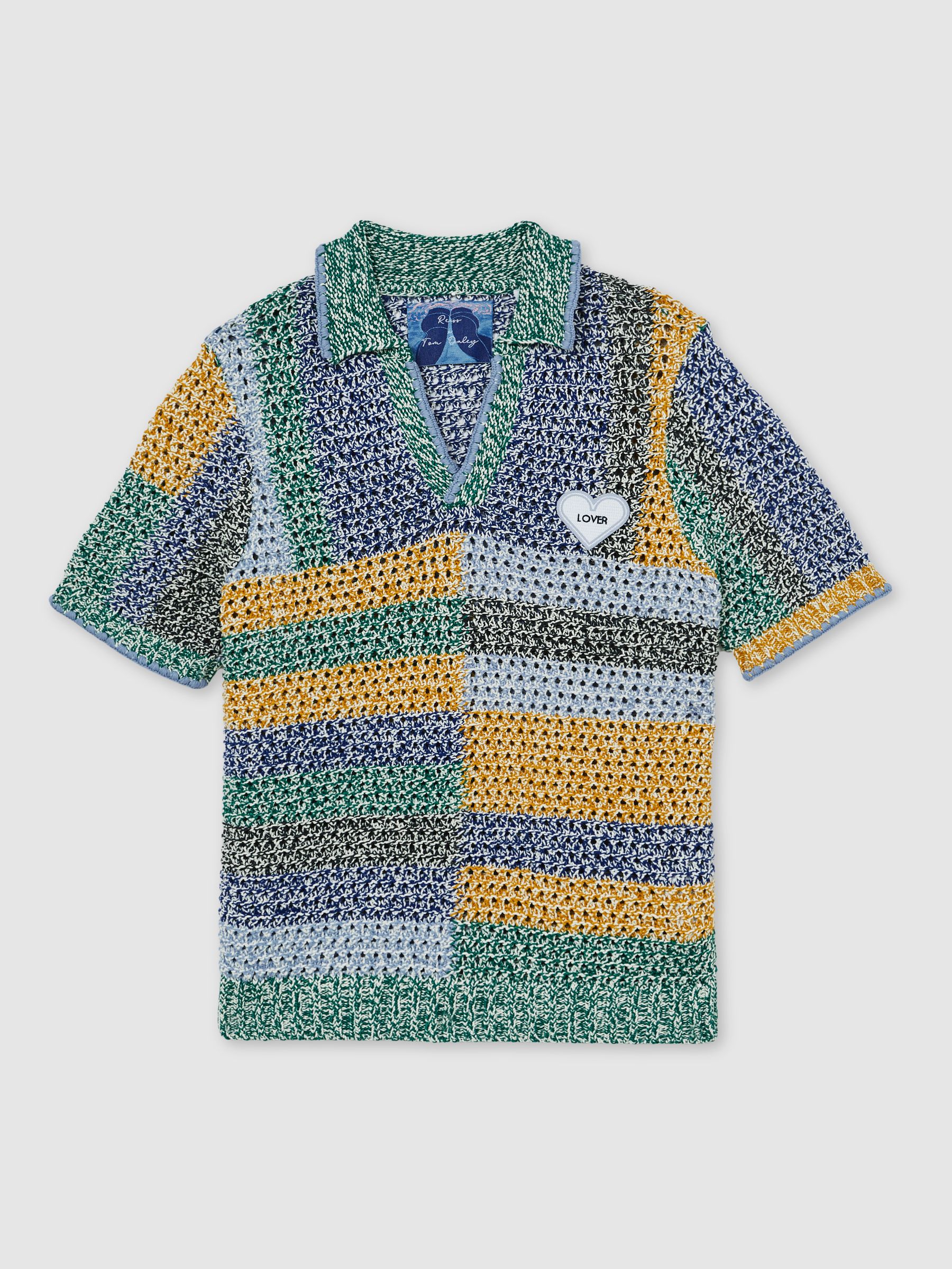 Reiss | Tom Daley Crochet Polo Shirt in Yellow/Green/Blue Multi - Image 2 of 5