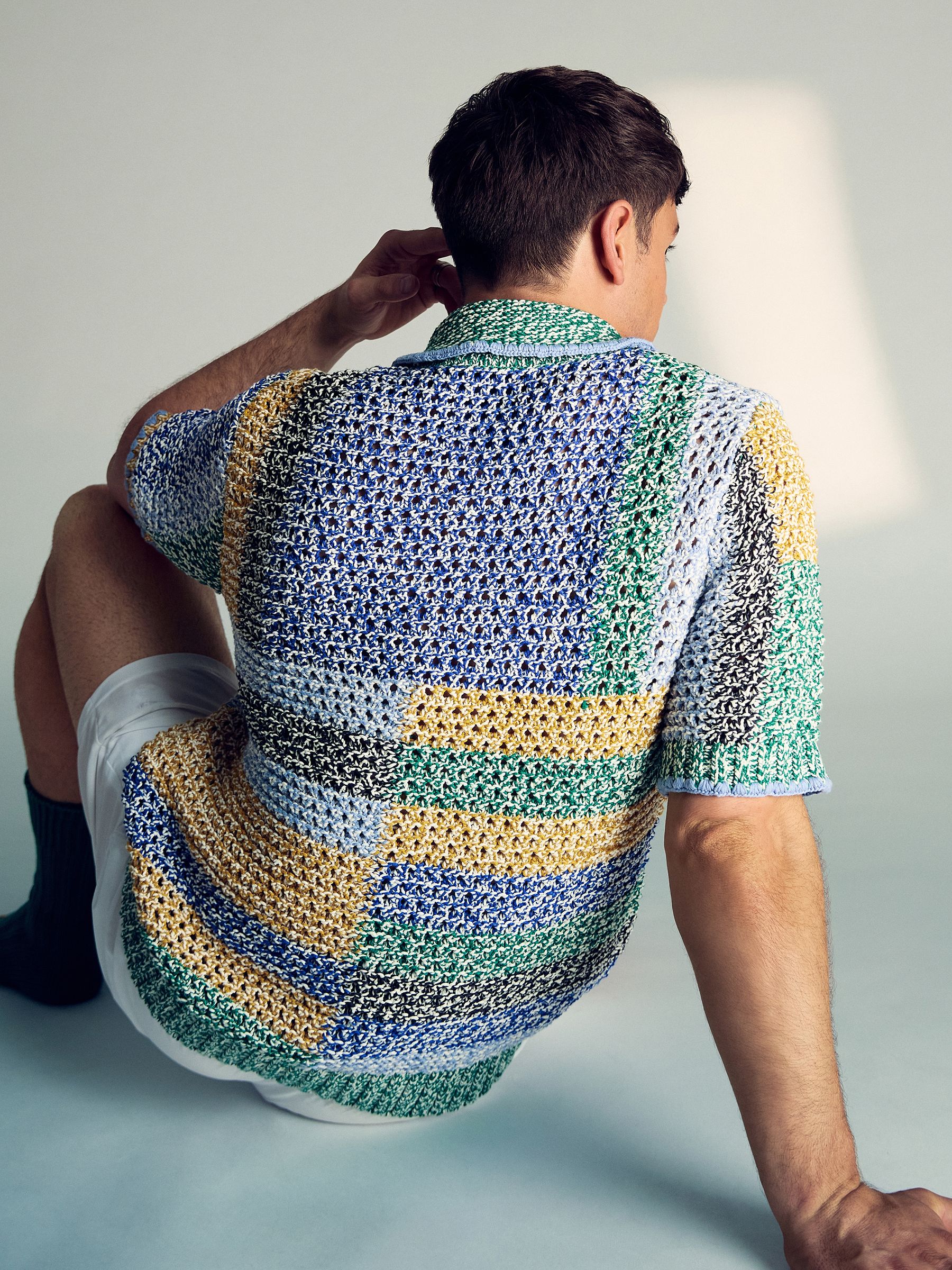 Reiss | Tom Daley Crochet Polo Shirt in Yellow/Green/Blue Multi - Image 4 of 5