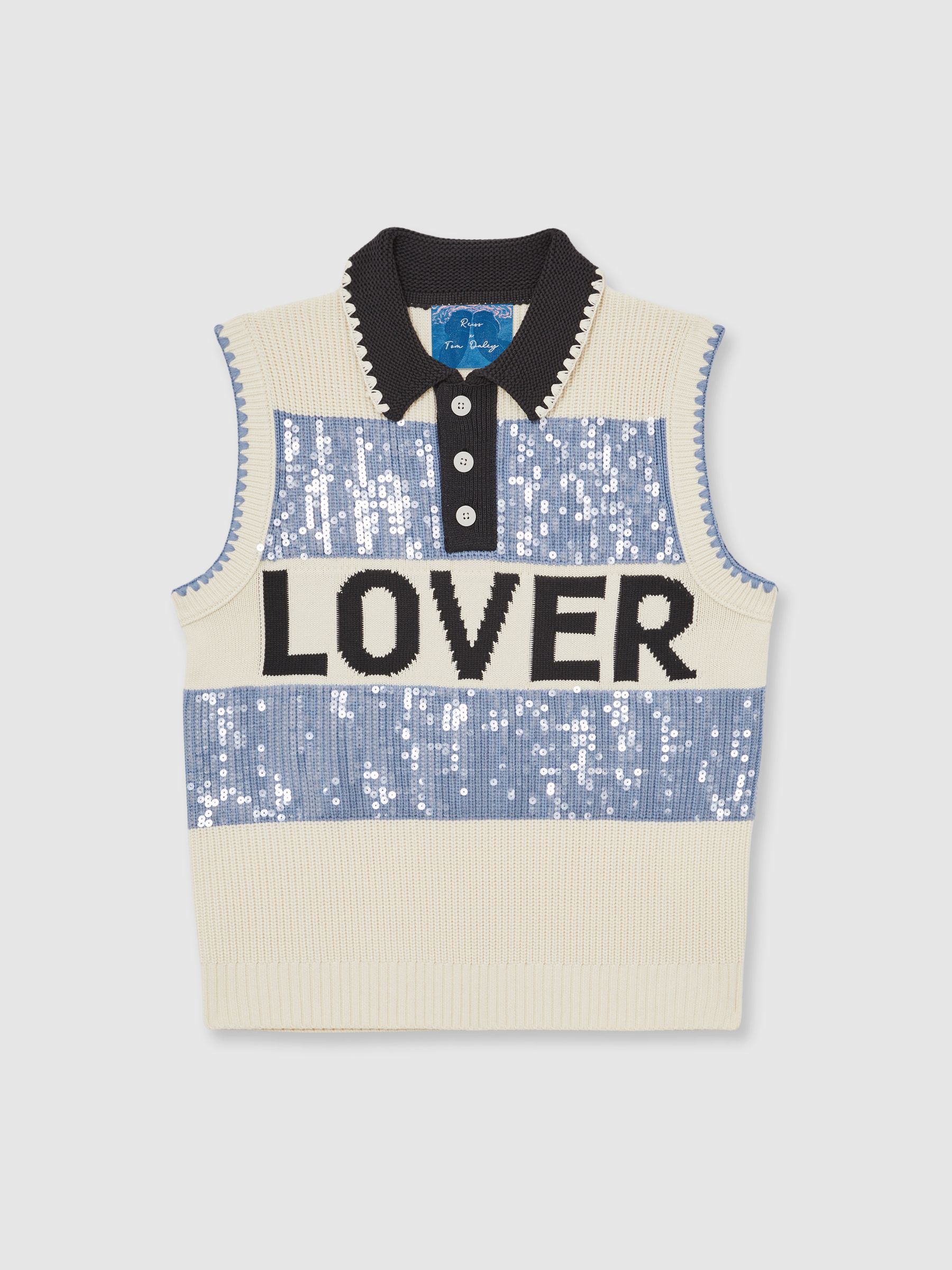 Reiss | Tom Daley Stripe Polo Vest in Soft Blue - Image 2 of 7