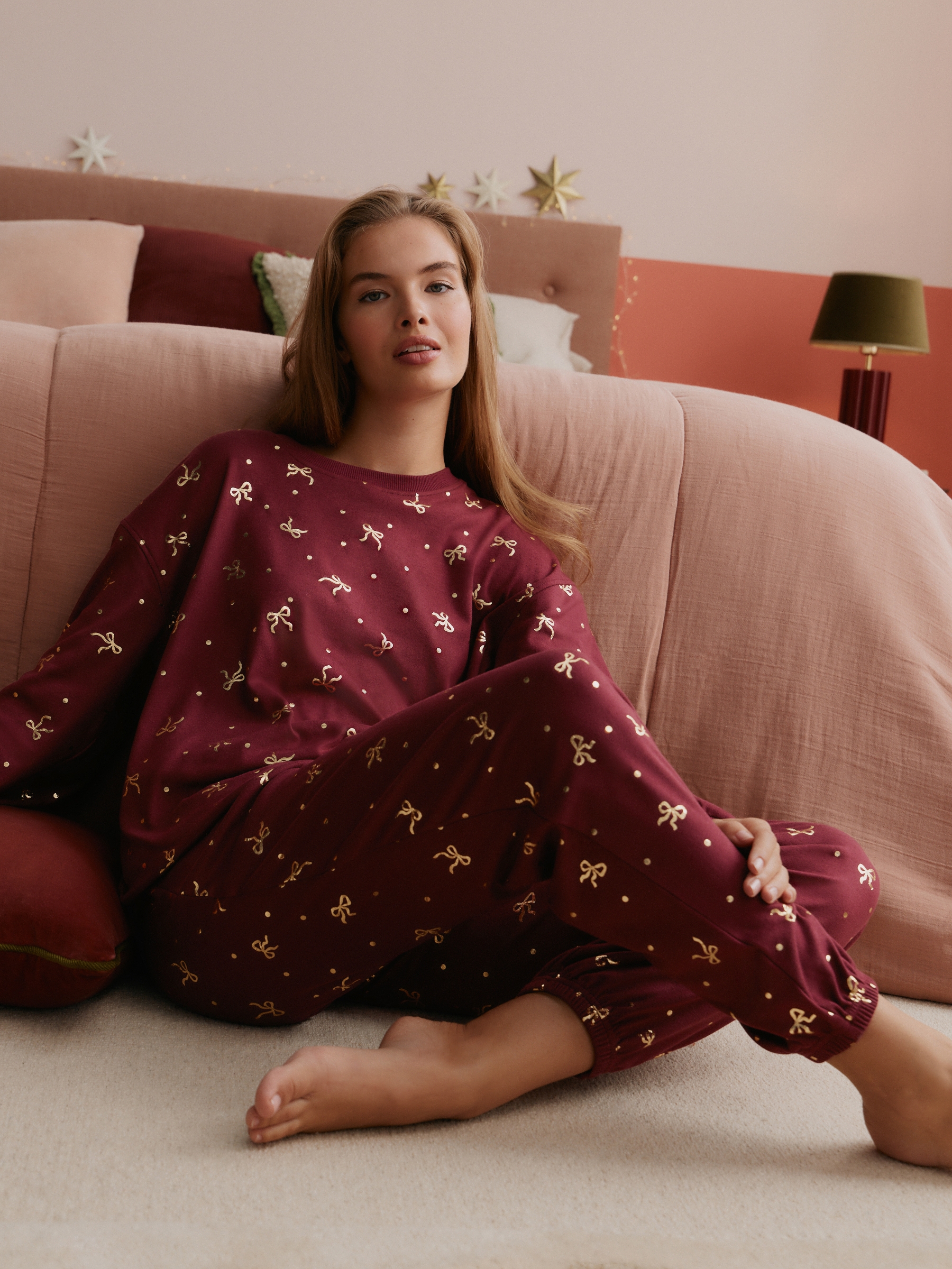 Burgundy Red Bow Cosy Twosie Pyjamas - Image 3 of 6