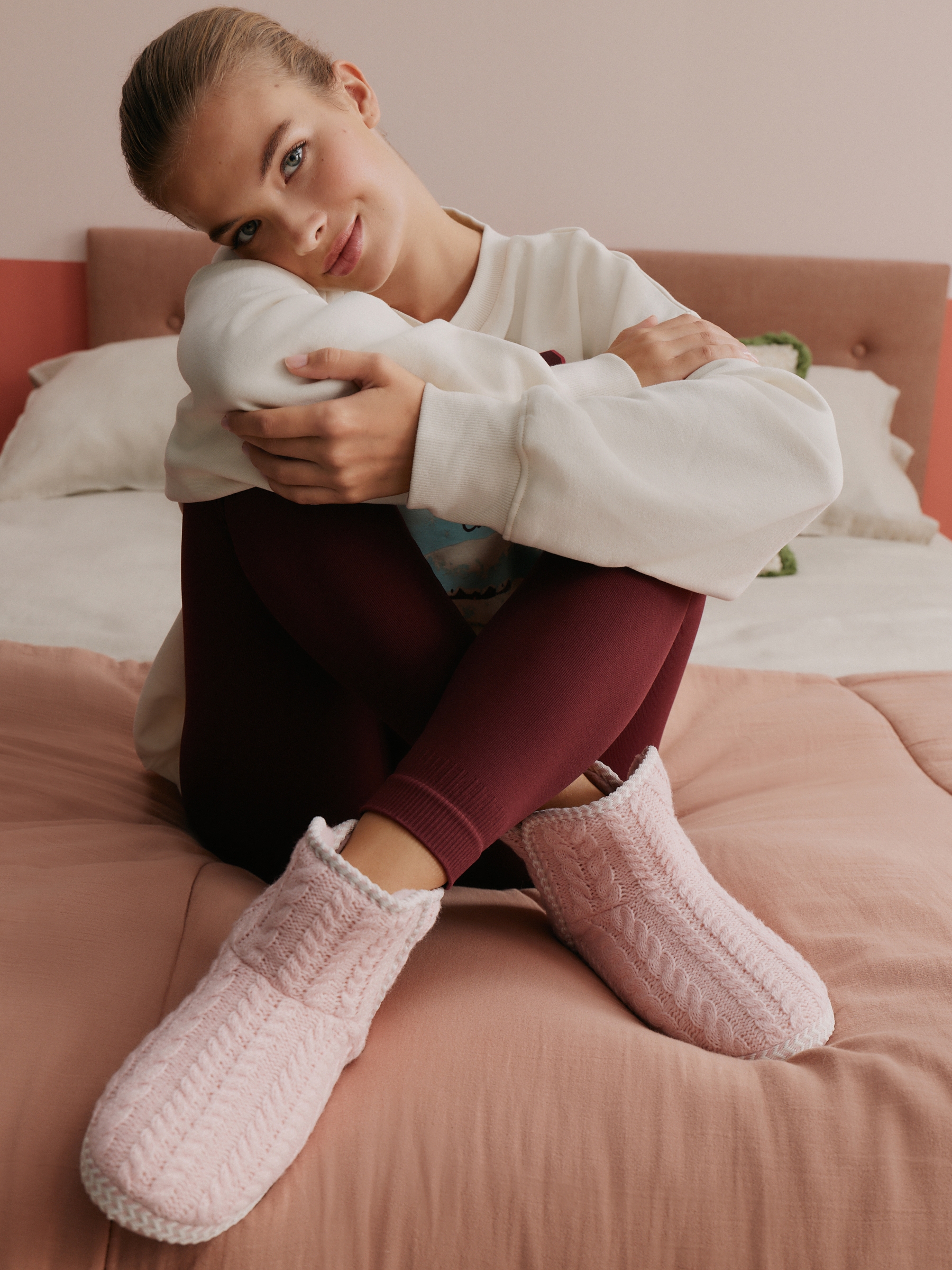 Pink Cable Knit Slipper Boots - Image 1 of 2